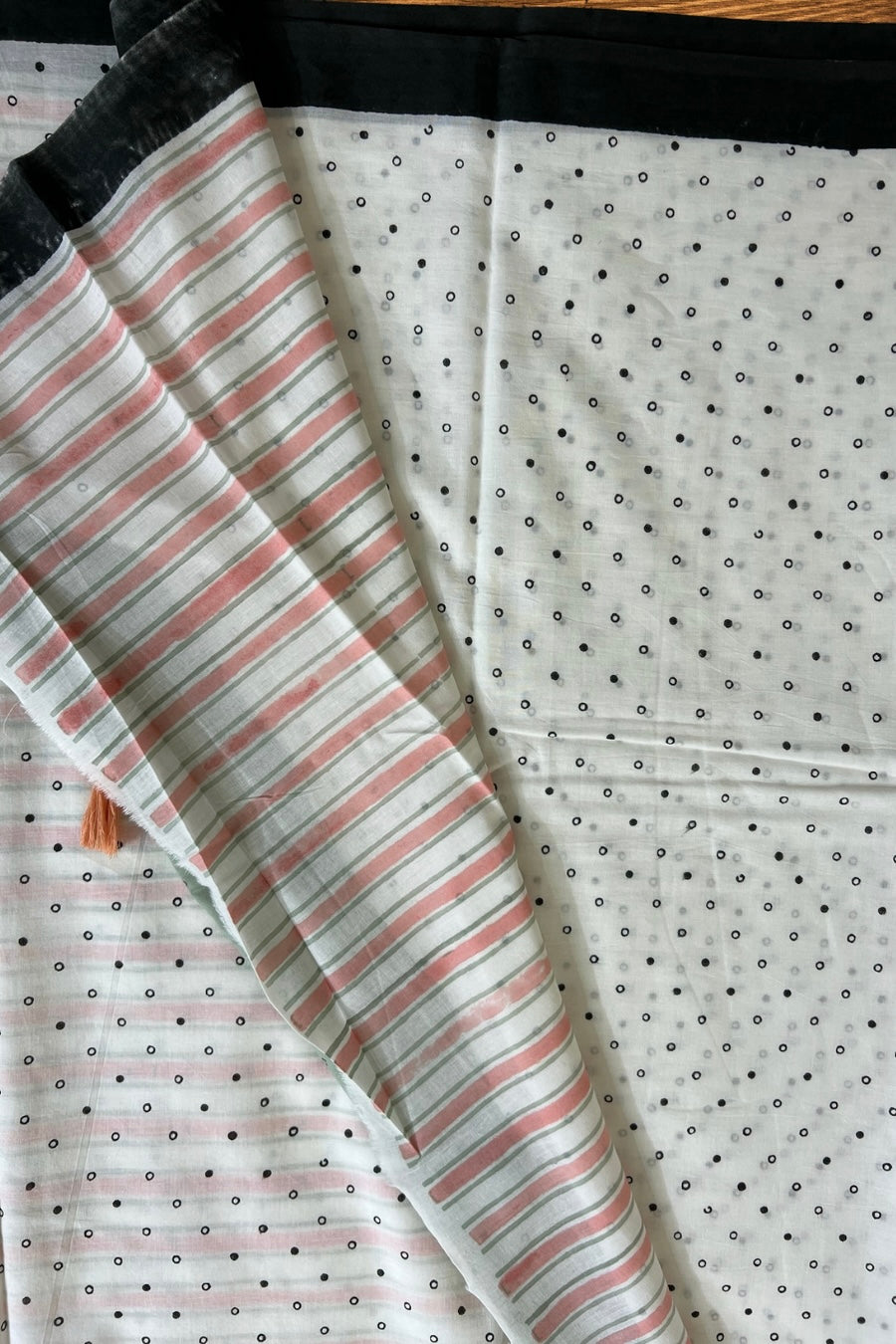 White - Dots Hand Block Print Cotton Saree