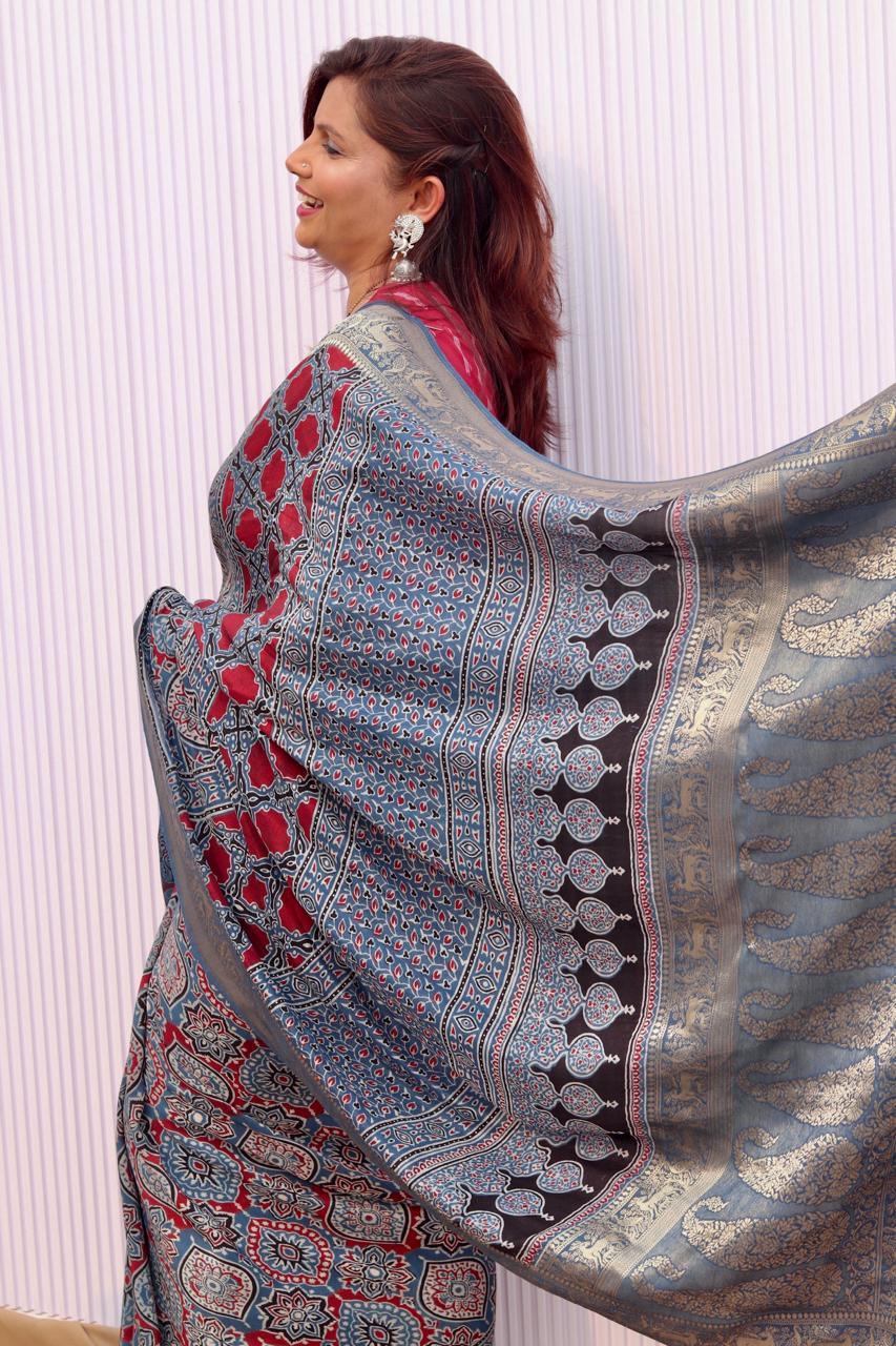 Indigo - Designer Ajrakh Handblock Premium Dola Silk Saree - Vasaka Jaipur