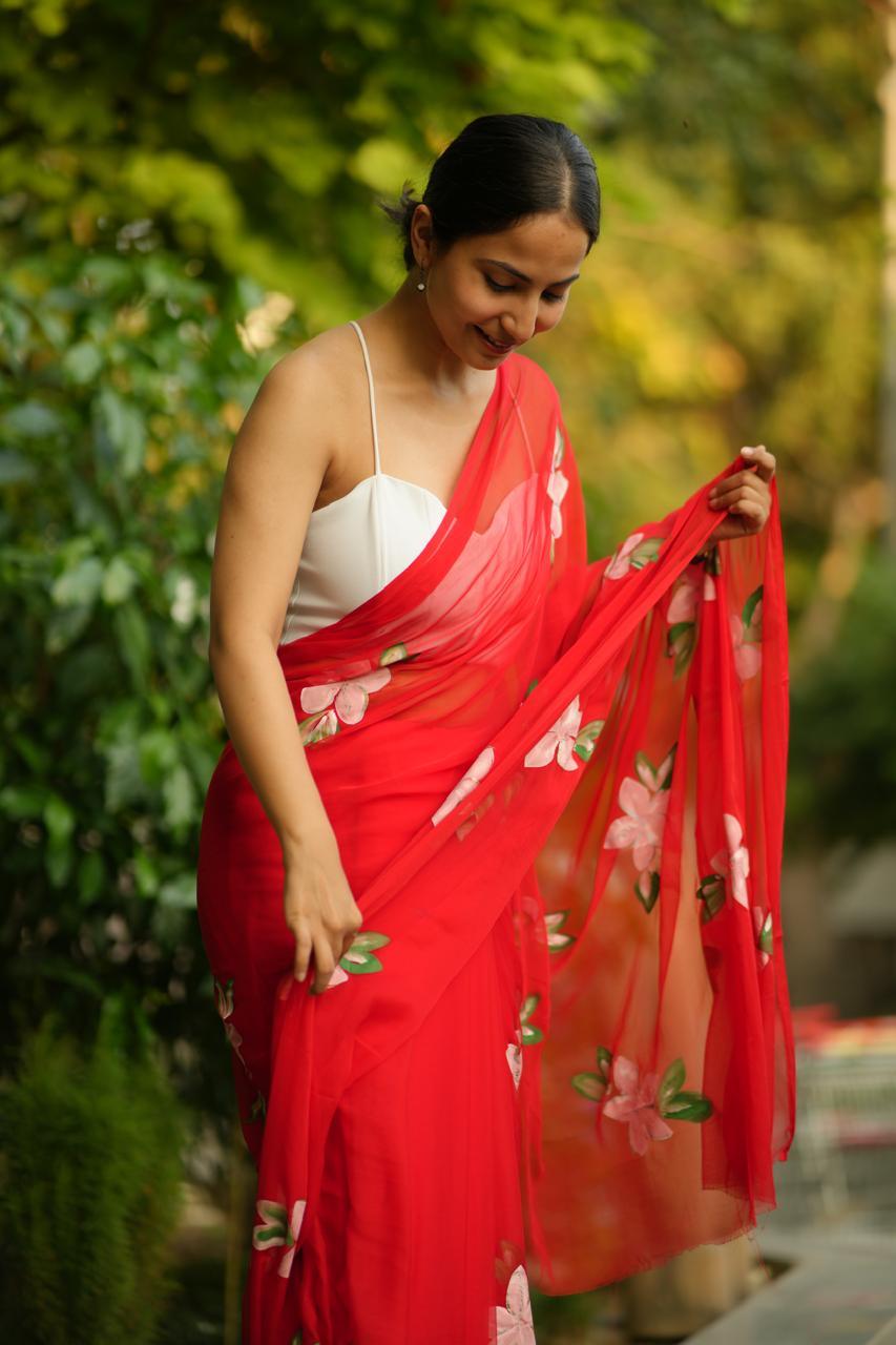 Shivani - Red Handpainted Chiffon Saree - Vasaka Jaipur