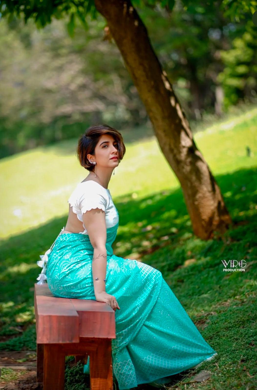 Teal Blue_ Mulmul Cotton Saree - Vasaka Jaipur