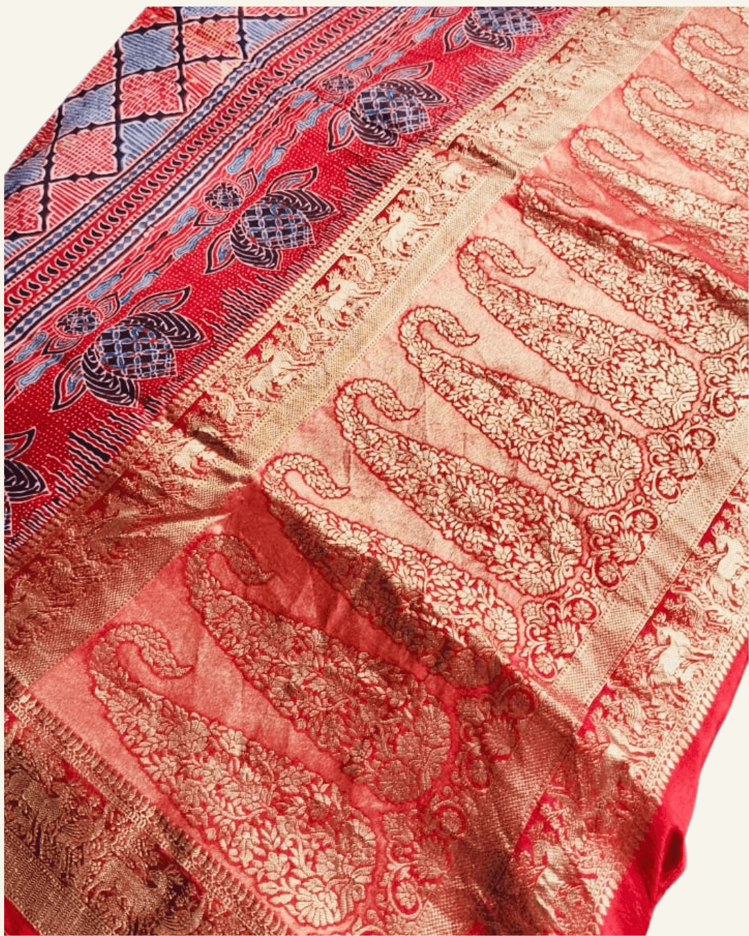 Red - Designer Ajrakh Handblock Premium Dola Silk Saree - Vasaka Jaipur