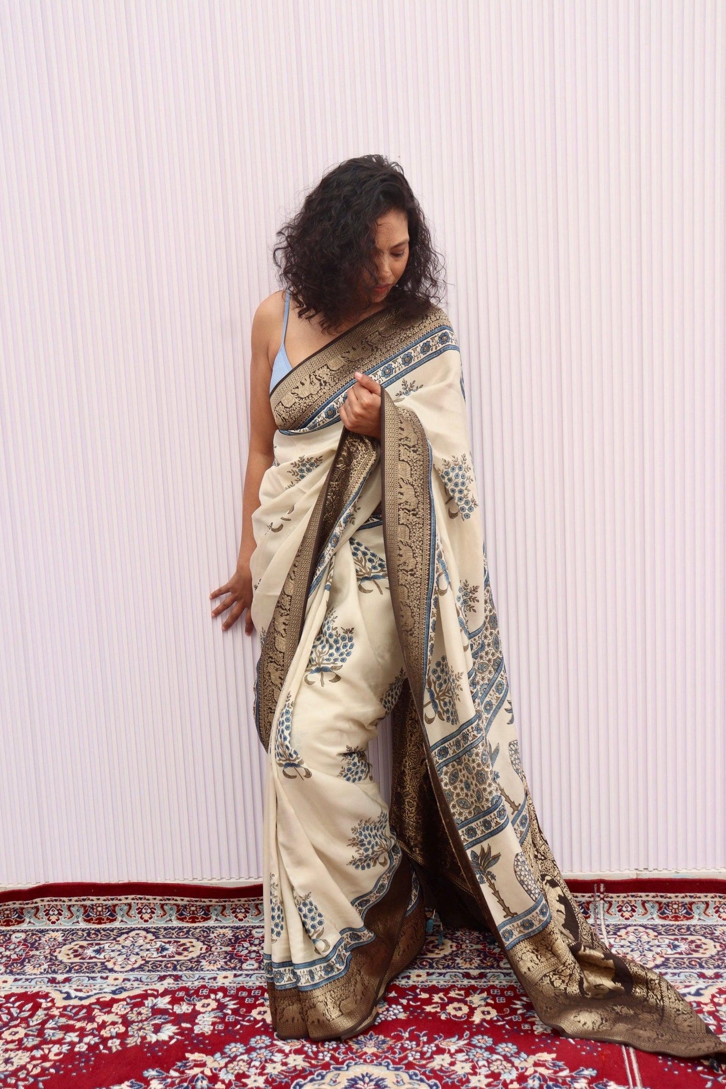 Beige - Designer Ajrakh Handblock Premium Dola Silk Saree - Vasaka Jaipur
