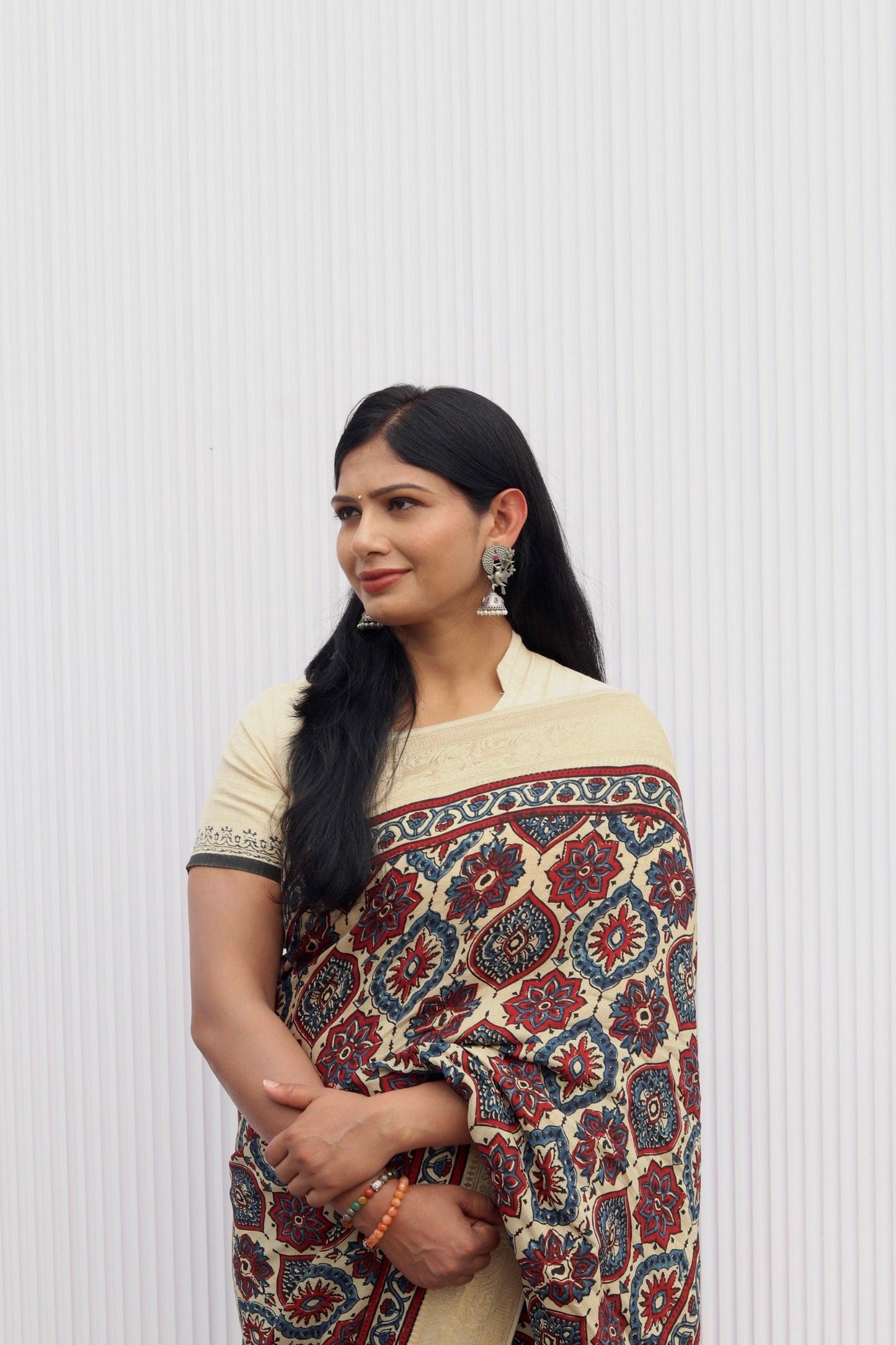 Beige - Designer Ajrakh Handblock Premium Dola Silk Saree - Vasaka Jaipur