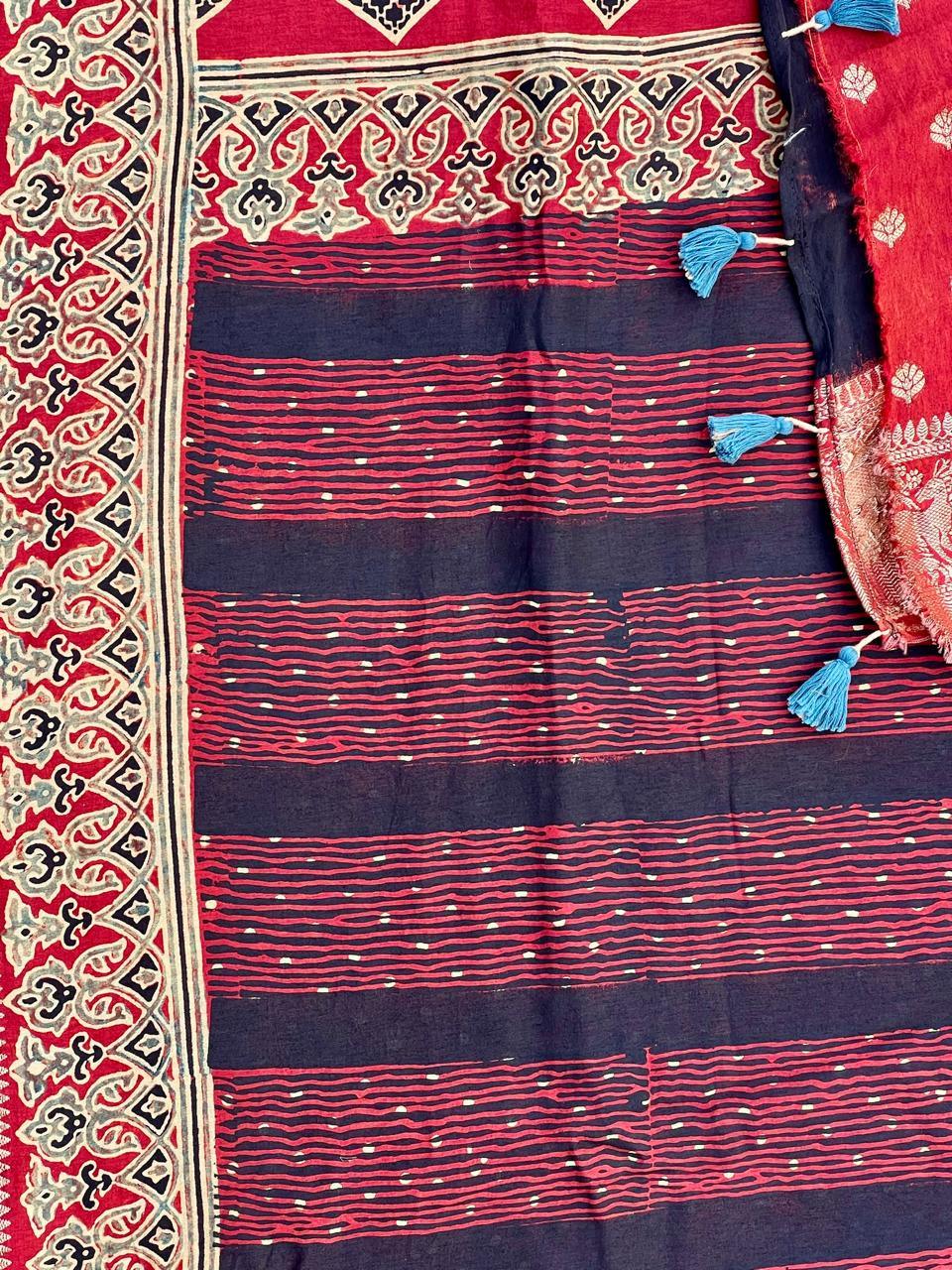 Red - Designer Ajrakh Handblock Premium Dola Silk Saree - Vasaka Jaipur