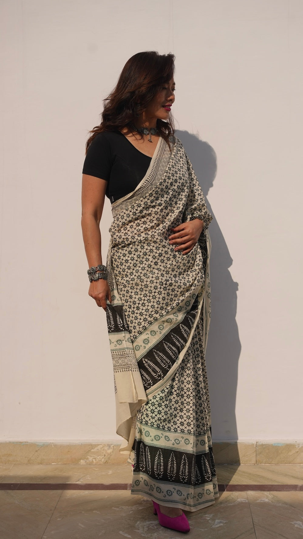 KARUNA - Off White Hand Block Printed Cotton Saree