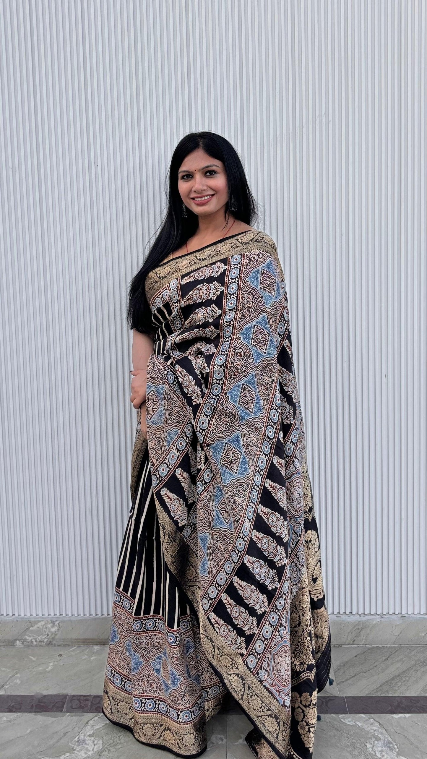 Black - Ajrakh Handblock Dola Silk Saree