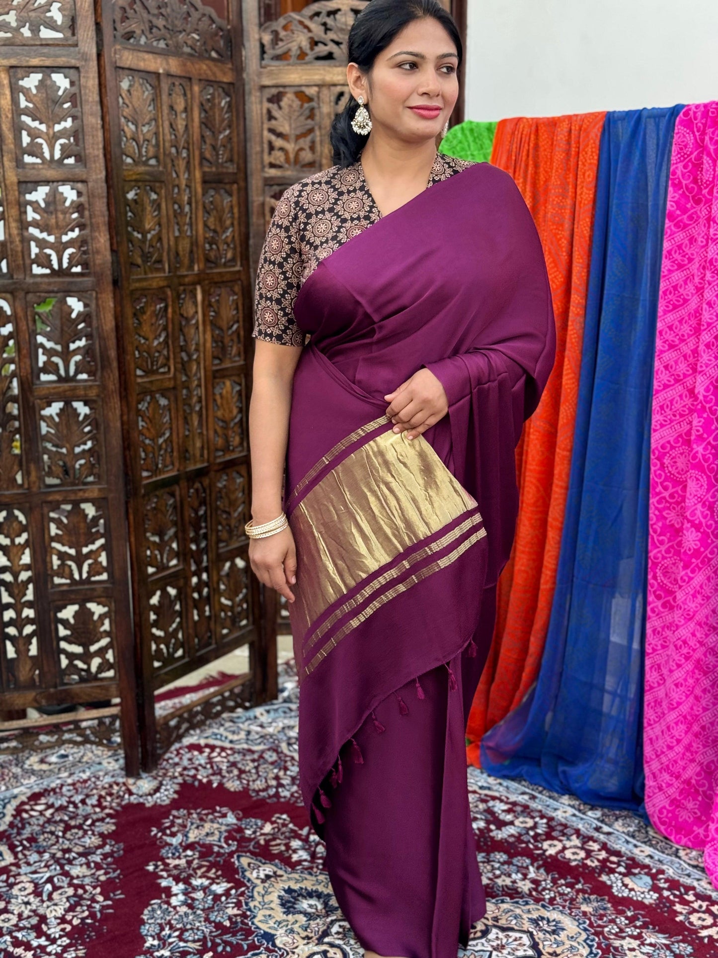 Purple Colour Modal Plain Saree With Tissue Pallu - Vasaka Jaipur
