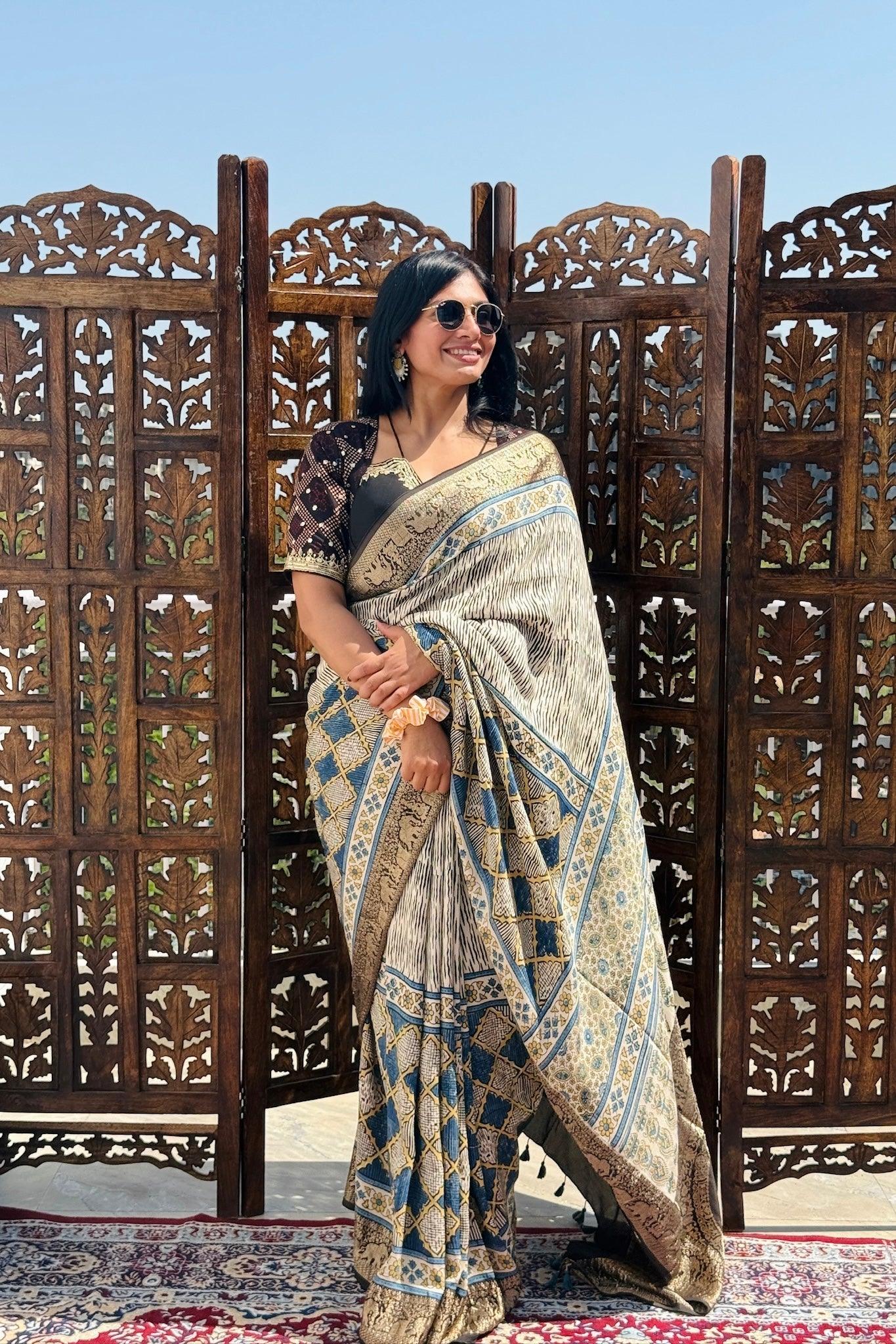 Off White - Designer Ajrakh Handblock Premium Dola Silk Saree