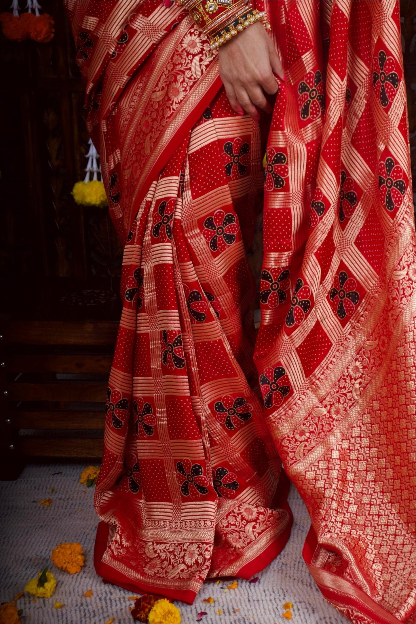MADHURIMA - Ajrakh Gharchola Red Modal Silk Saree - Vasaka Jaipur