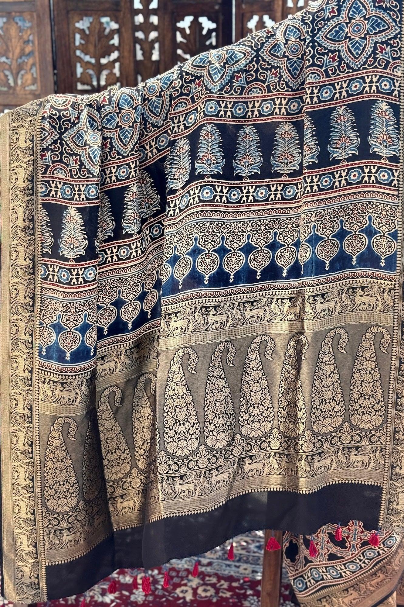 Black - Designer Ajrakh Handblock Premium Dola Silk Saree
