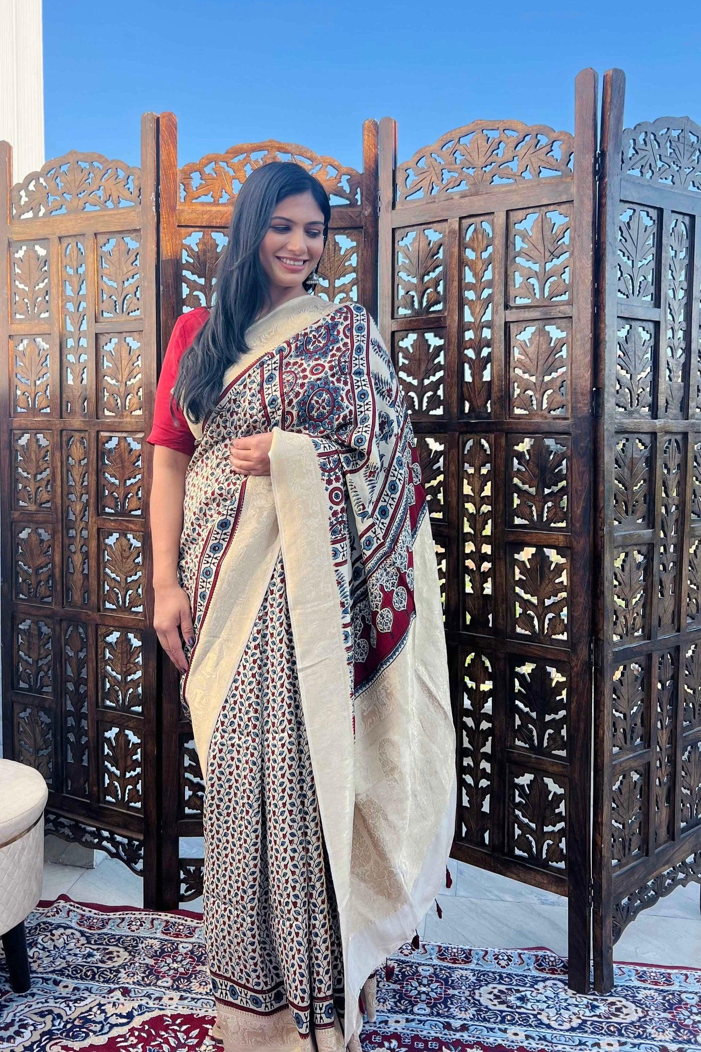 Beige - Designer Ajrakh Handblock Premium Dola Silk Saree