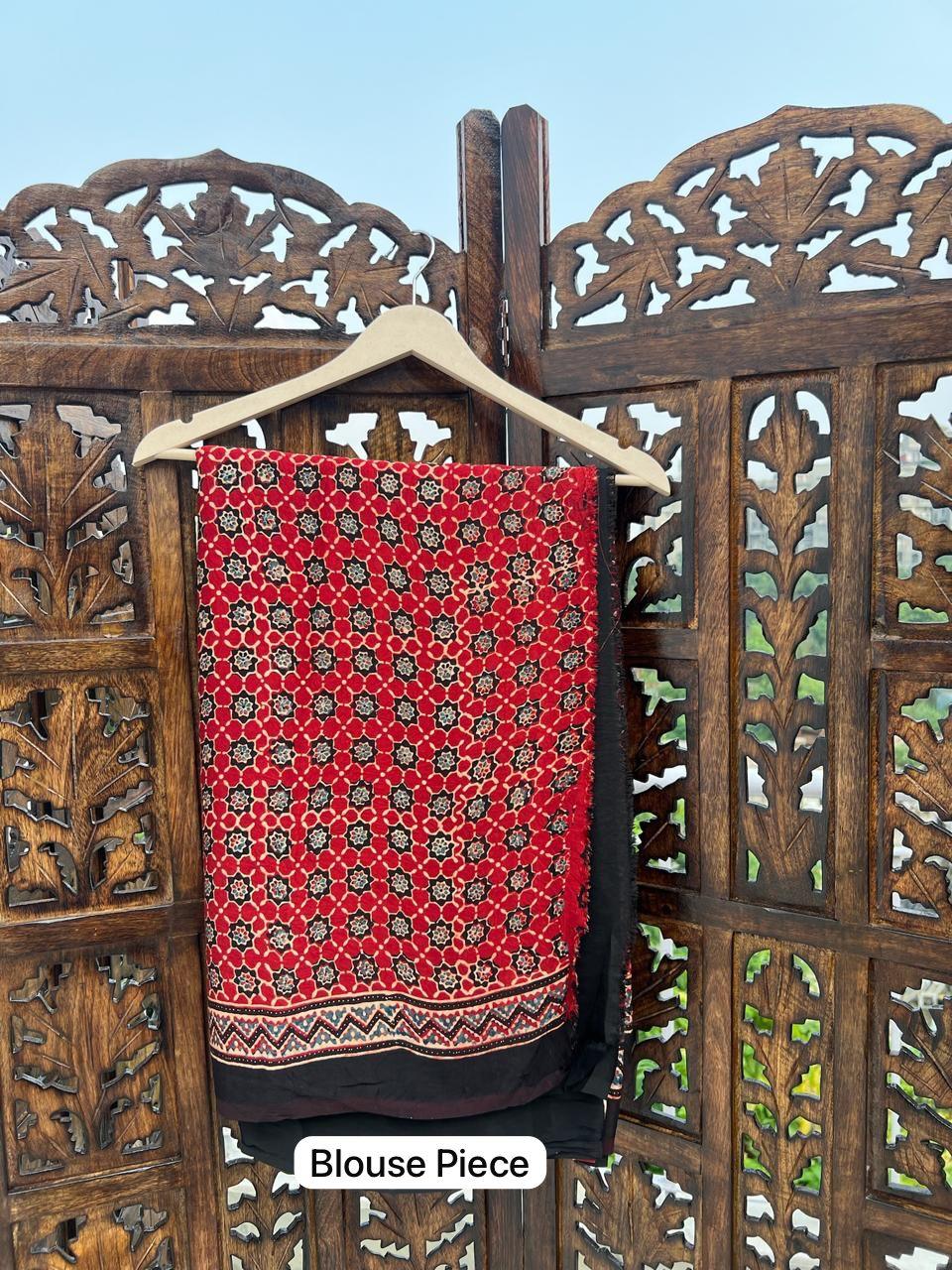 Black - Handblock printed ajrakh premium modal silk saree - Vasaka Jaipur