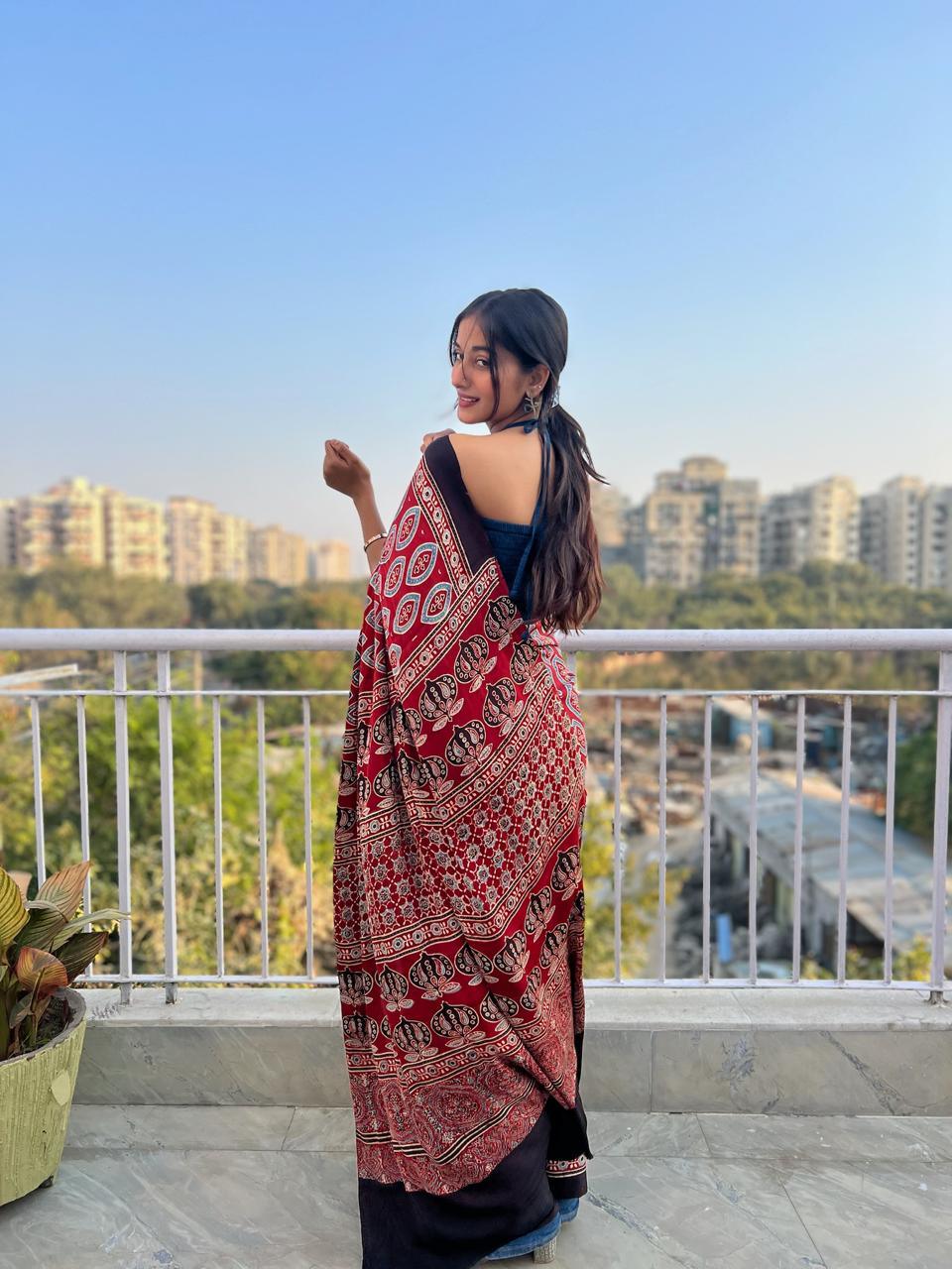 MALLIKA : AJRAKH HANDBLOCK MODAL SILK SAREE - Vasaka Jaipur