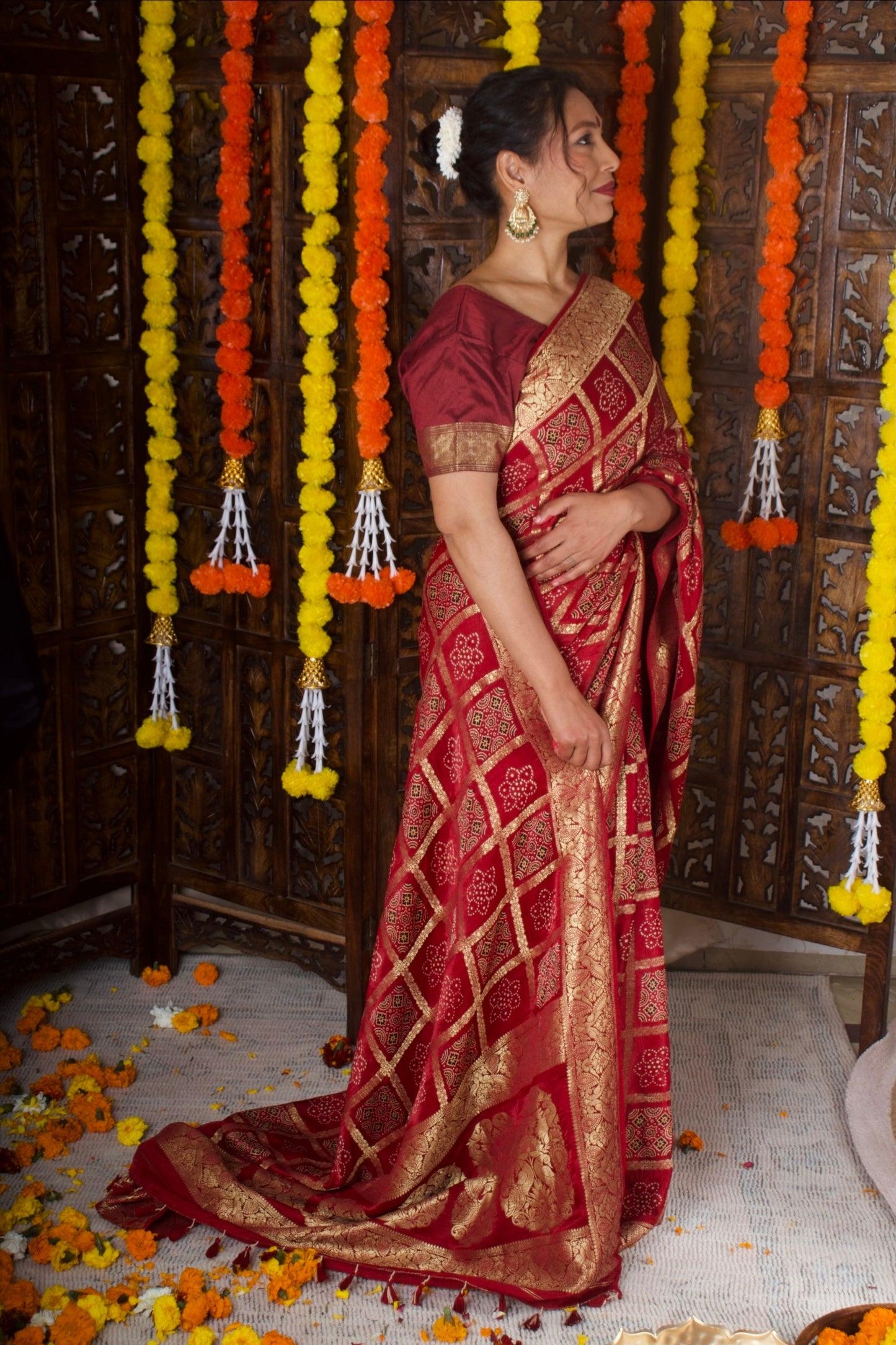 CHANDRIKA - Ajrakh Gharchola Red Modal Silk Saree - Vasaka Jaipur
