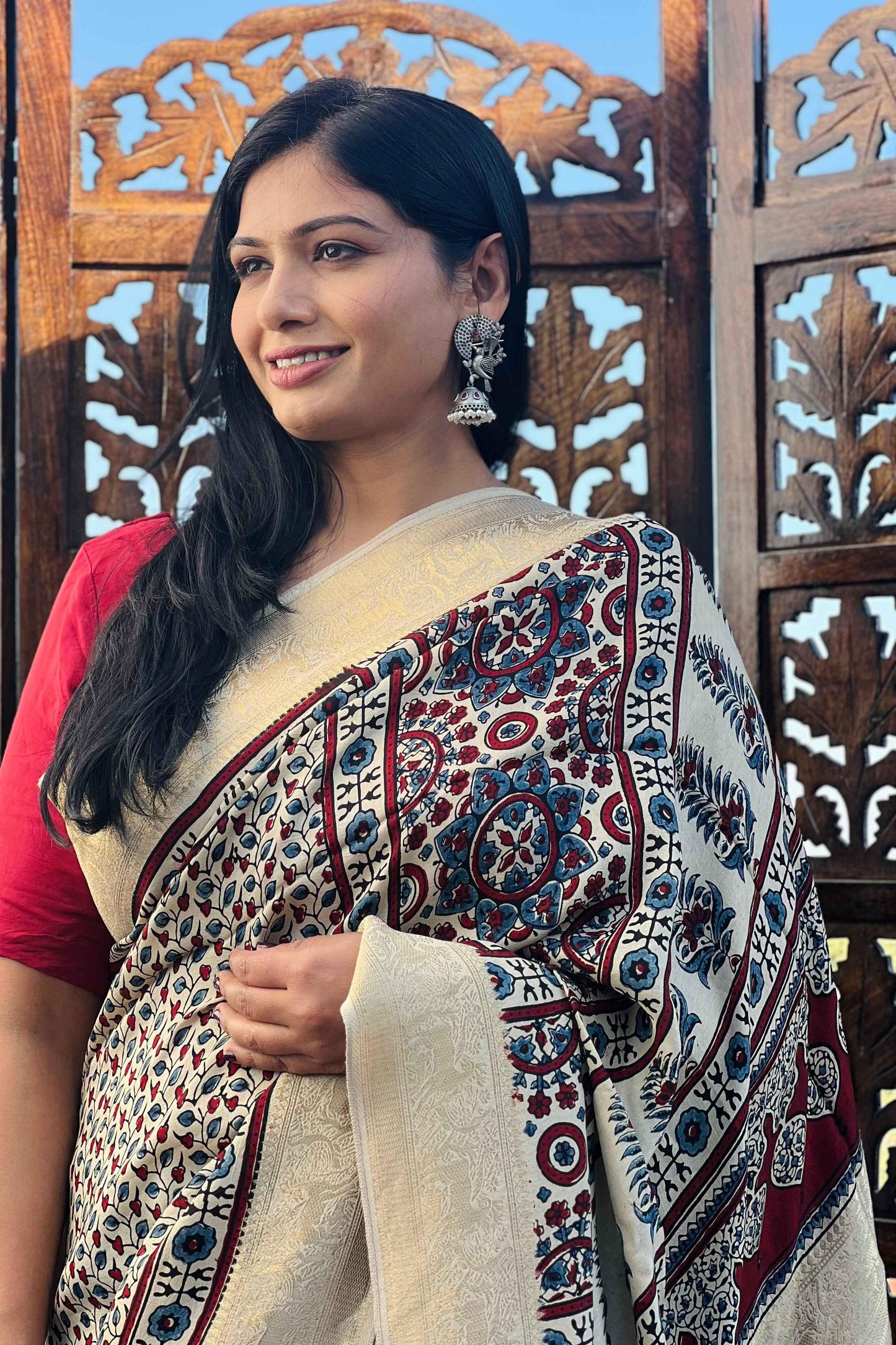 Beige - Designer Ajrakh Handblock Premium Dola Silk Saree