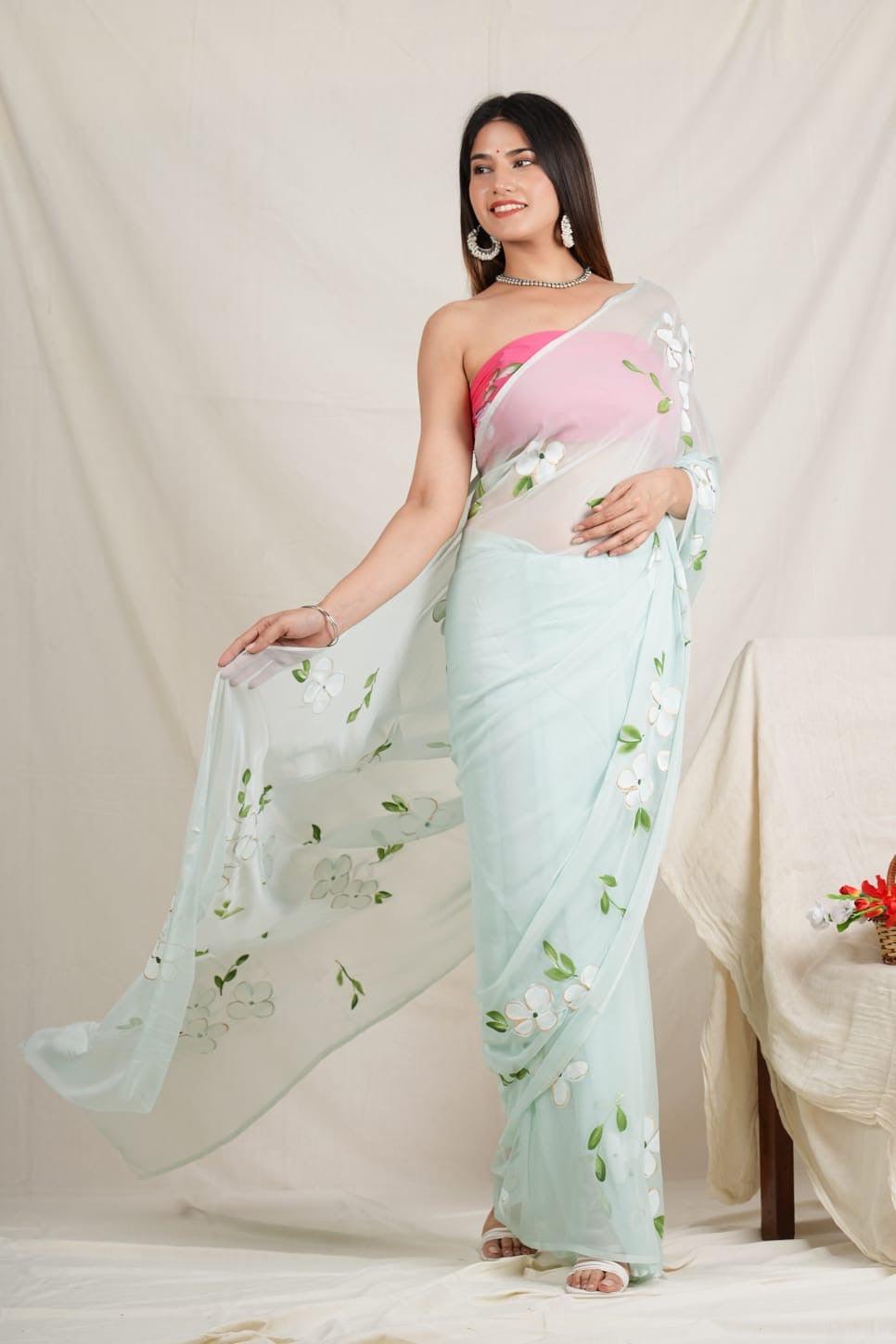 Sea Blue - Handpainted Chiffon Saree - Vasaka Jaipur