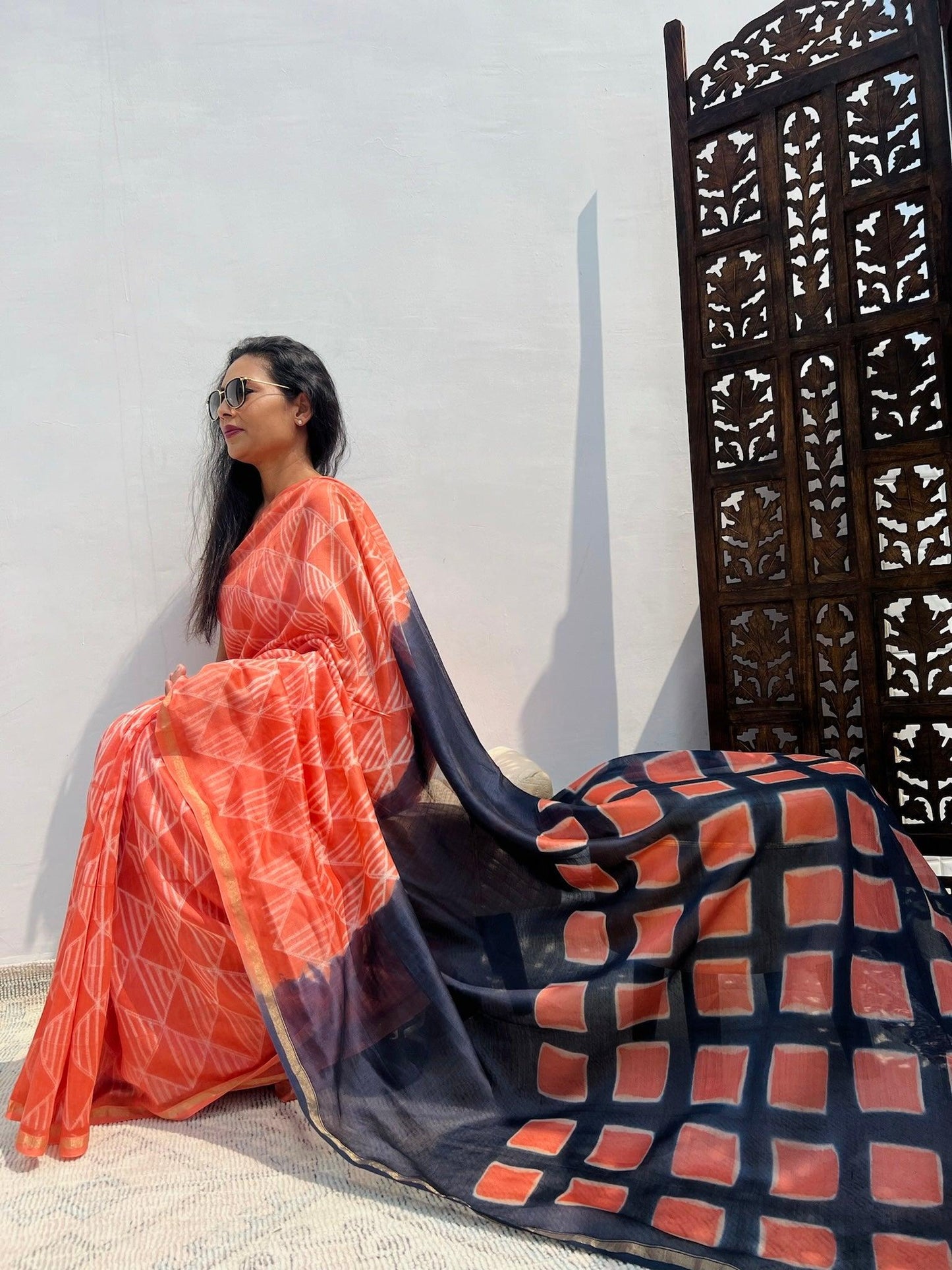 Peach - Nui Shibori Tie-Dye Chanderi Cotsilk Saree with Clamp Tie Dye on Pallu - Vasaka Jaipur