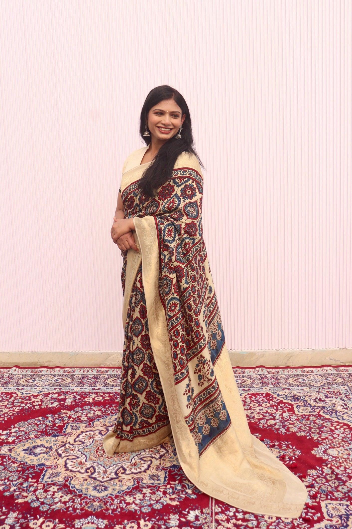 Beige - Designer Ajrakh Handblock Premium Dola Silk Saree - Vasaka Jaipur