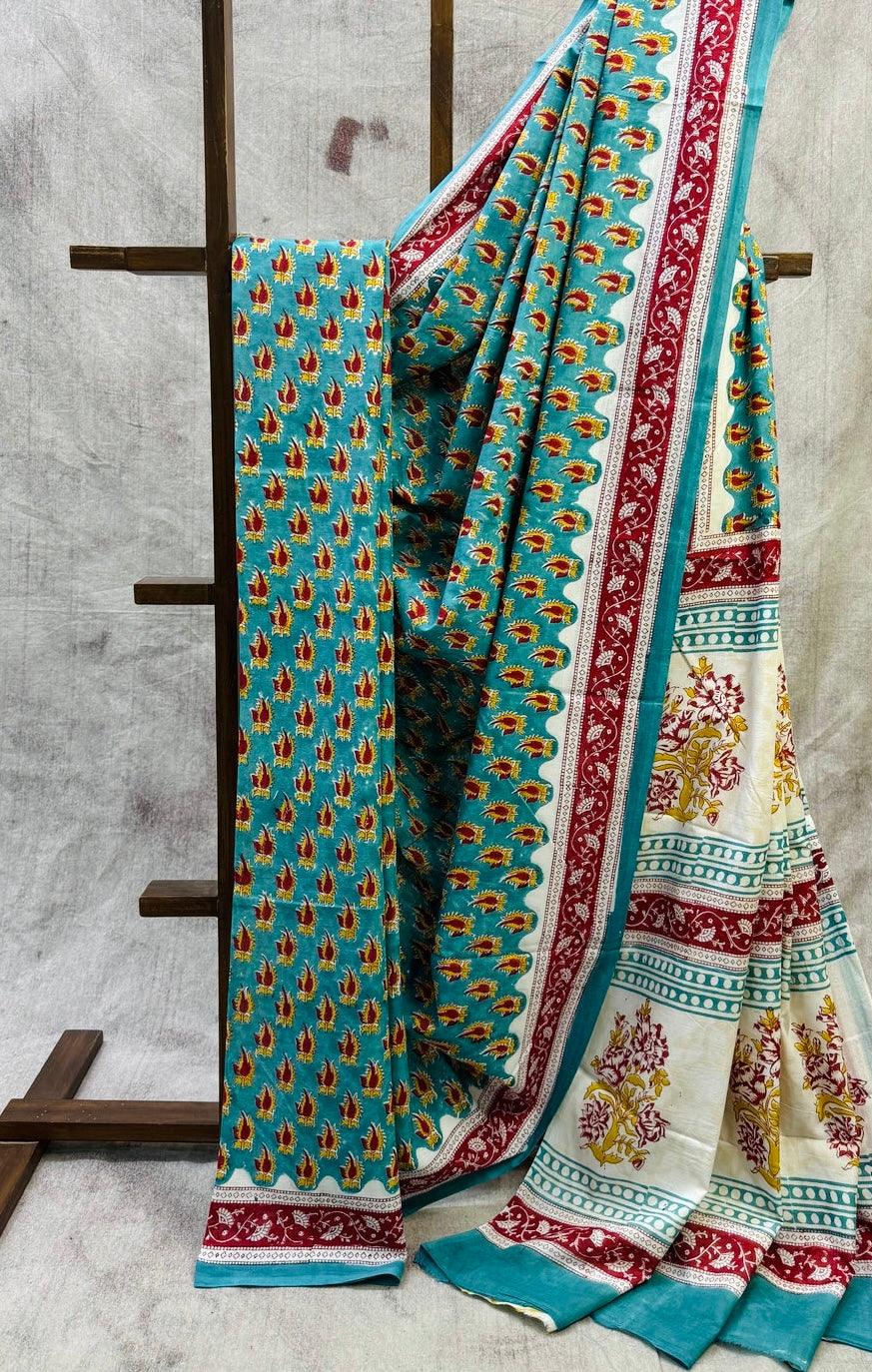 Teal Blue_ Hand Block Printed Cotton Saree - Vasaka Jaipur