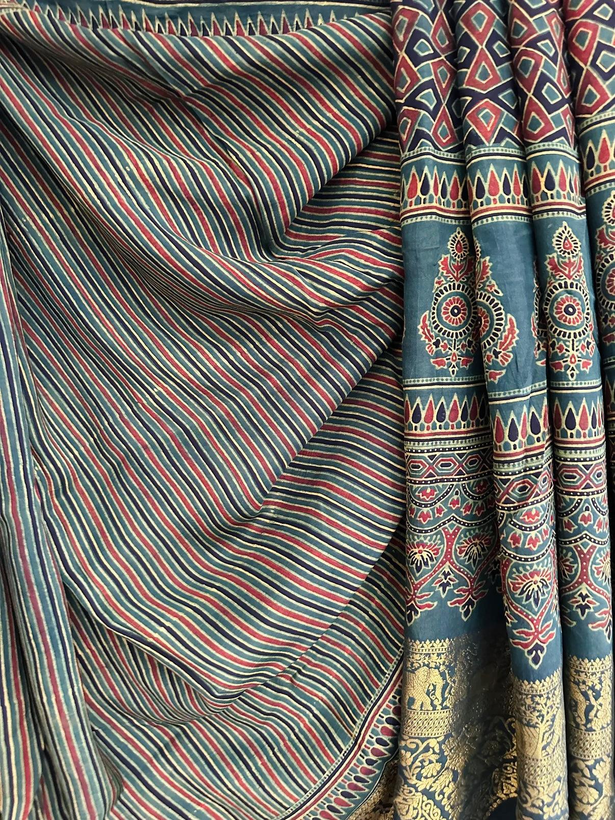 Olive Green- Ajrakh Handblock Dola Silk Saree - Vasaka Jaipur