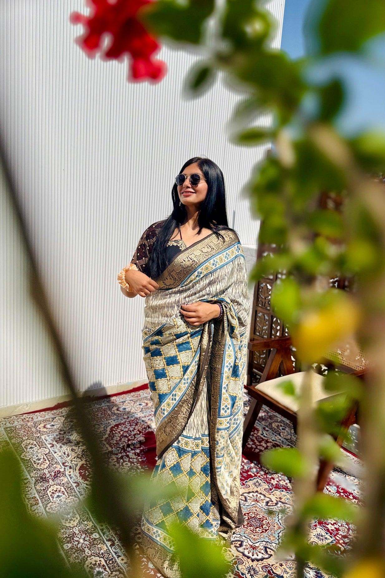Off White - Designer Ajrakh Handblock Premium Dola Silk Saree