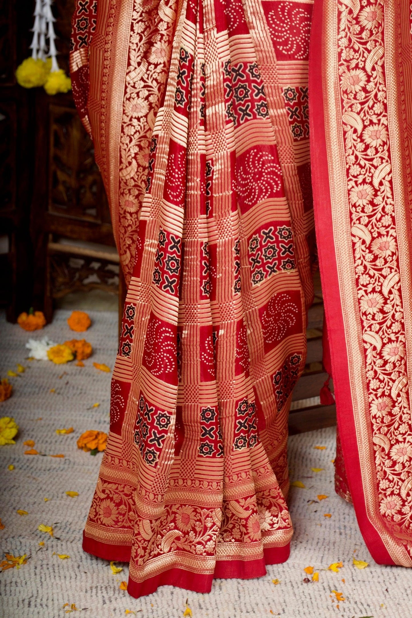 NIHARIKA - Ajrakh Gharchola Red Modal Silk Saree - Vasaka Jaipur