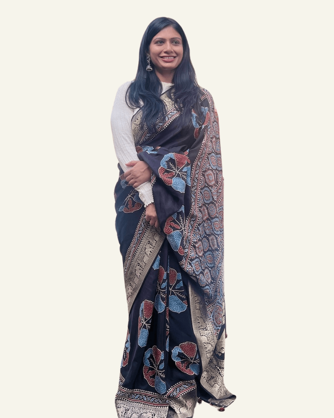 Black - Designer Ajrakh Handblock Premium Dola Silk Saree - Vasaka Jaipur