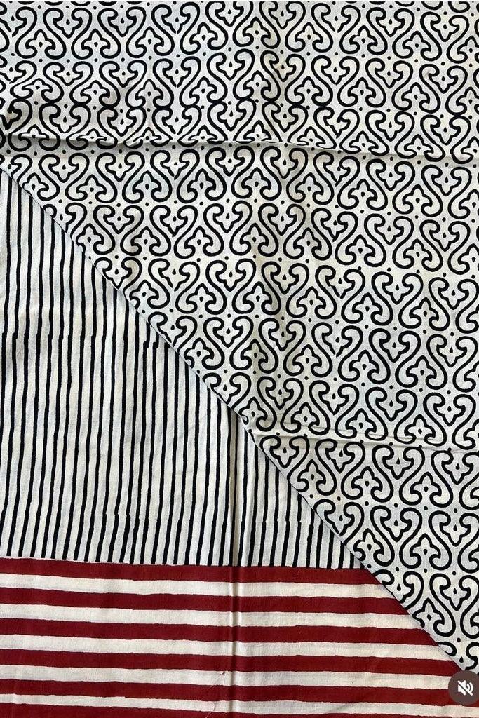 Beige - Striped Hand Block Print Cotton Saree