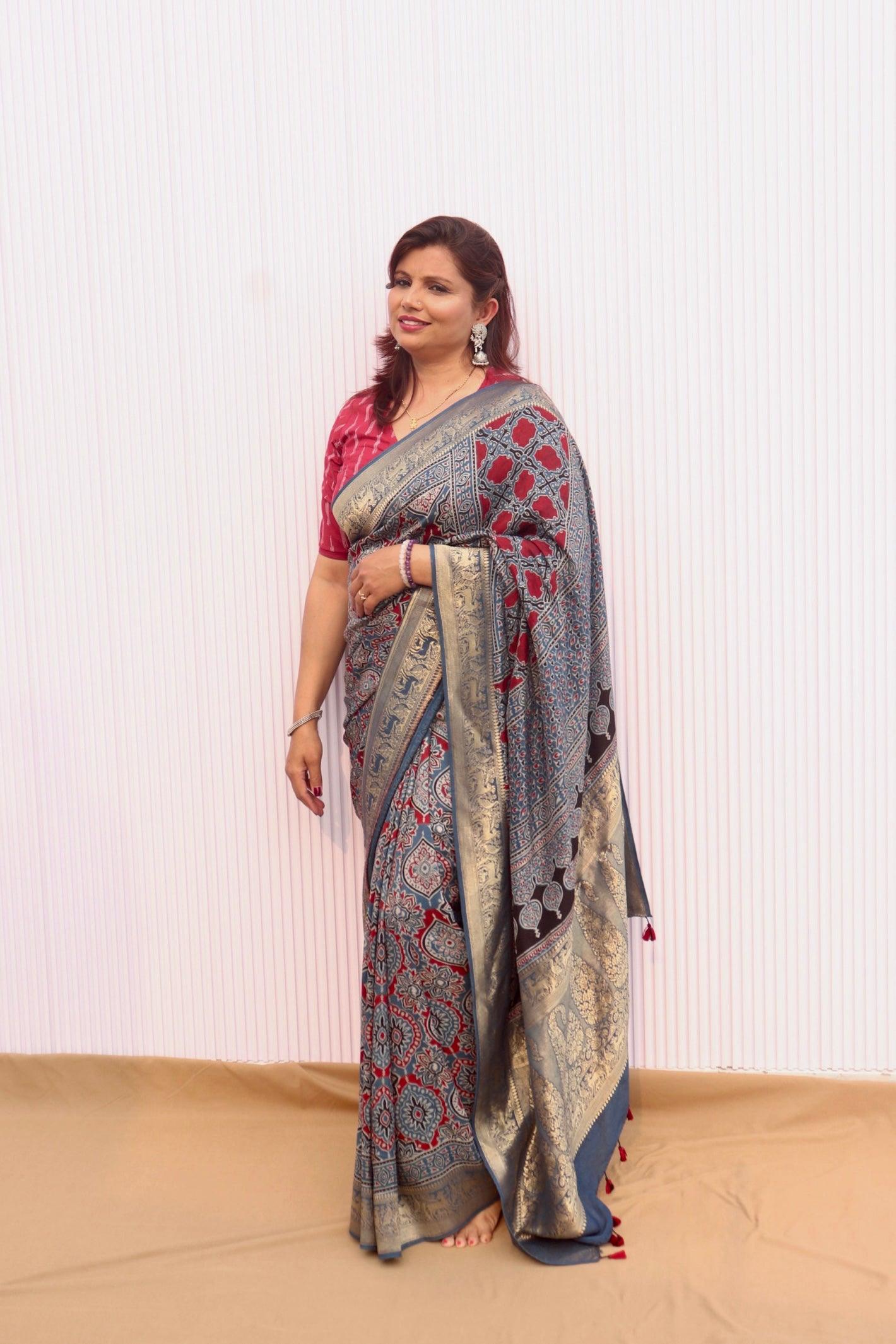Indigo - Designer Ajrakh Handblock Premium Dola Silk Saree - Vasaka Jaipur