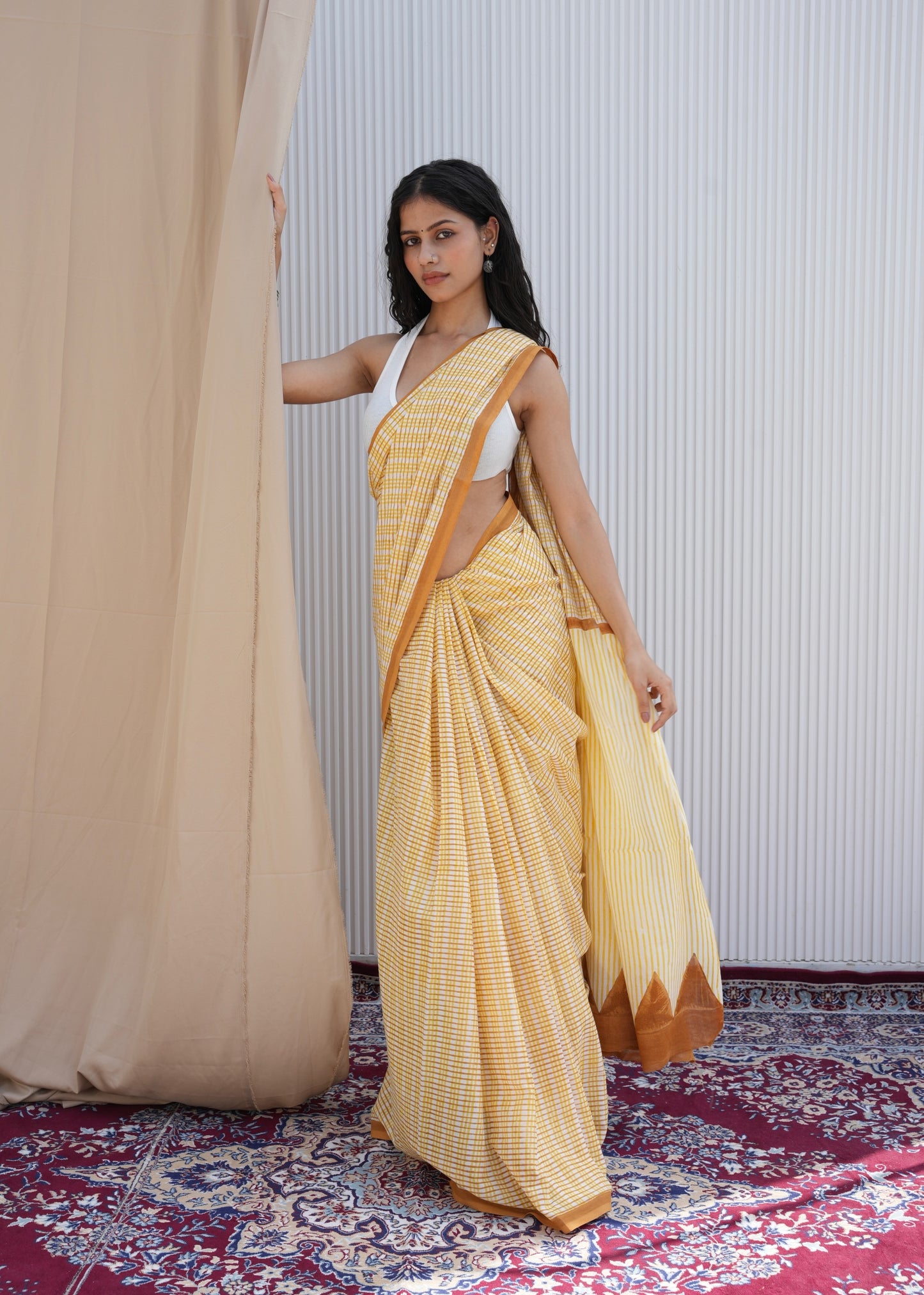 SAANVI_Heritage Hand Block Printed Pure Cotton Striped Saree