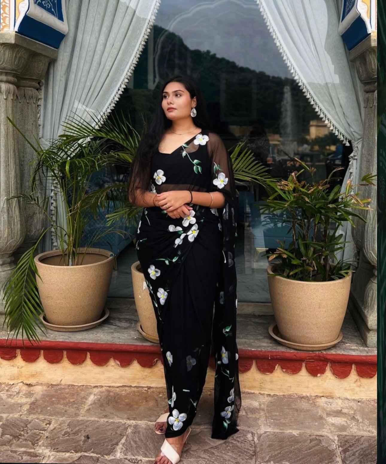 Chitra - Black Handpainted Chiffon Saree - Vasaka Jaipur