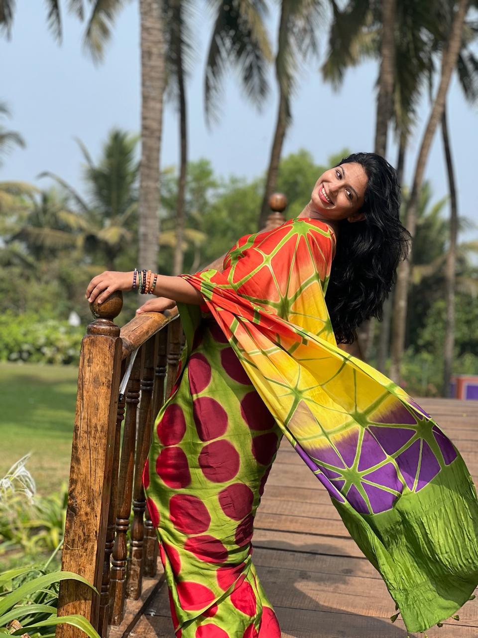 Green - Clamp Dyed Modal Silk Saree - Vasaka Jaipur