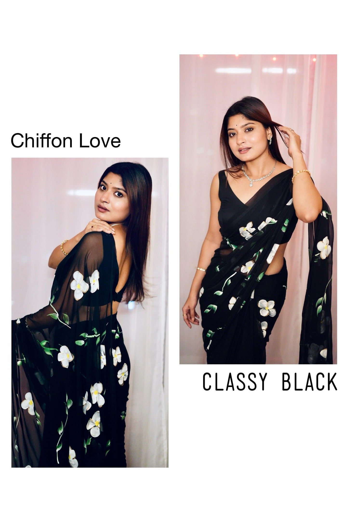 Chitra - Black Handpainted Chiffon Saree - Vasaka Jaipur
