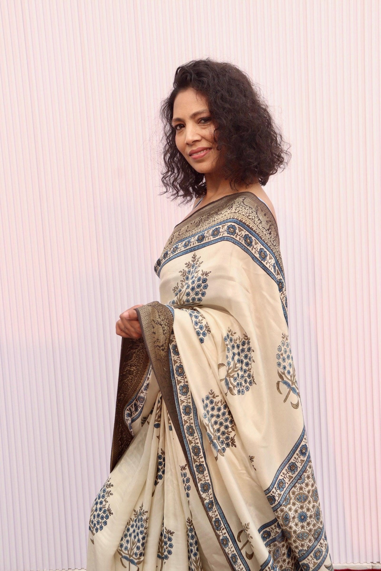 Beige - Designer Ajrakh Handblock Premium Dola Silk Saree - Vasaka Jaipur