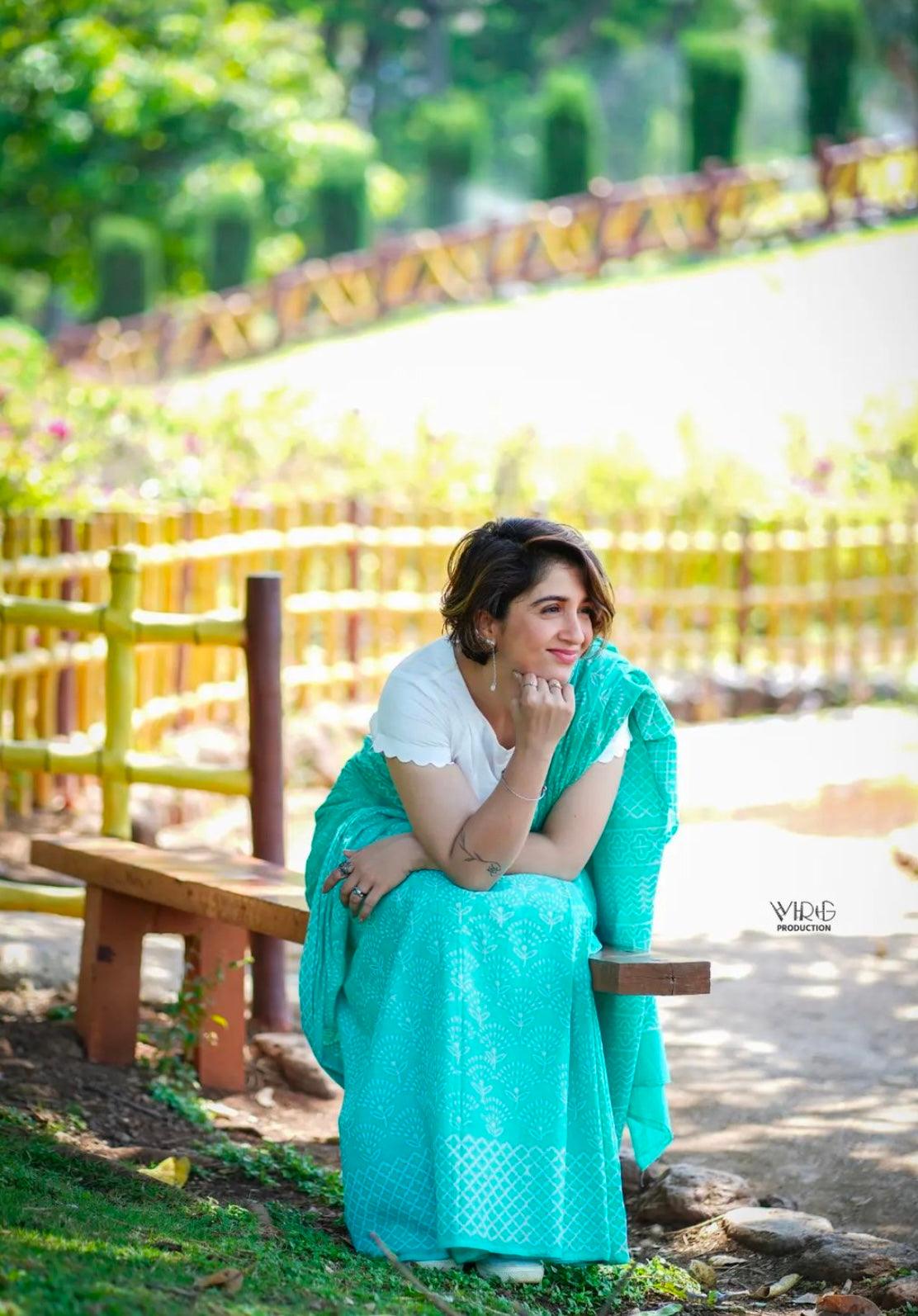 Teal Blue_ Mulmul Cotton Saree - Vasaka Jaipur