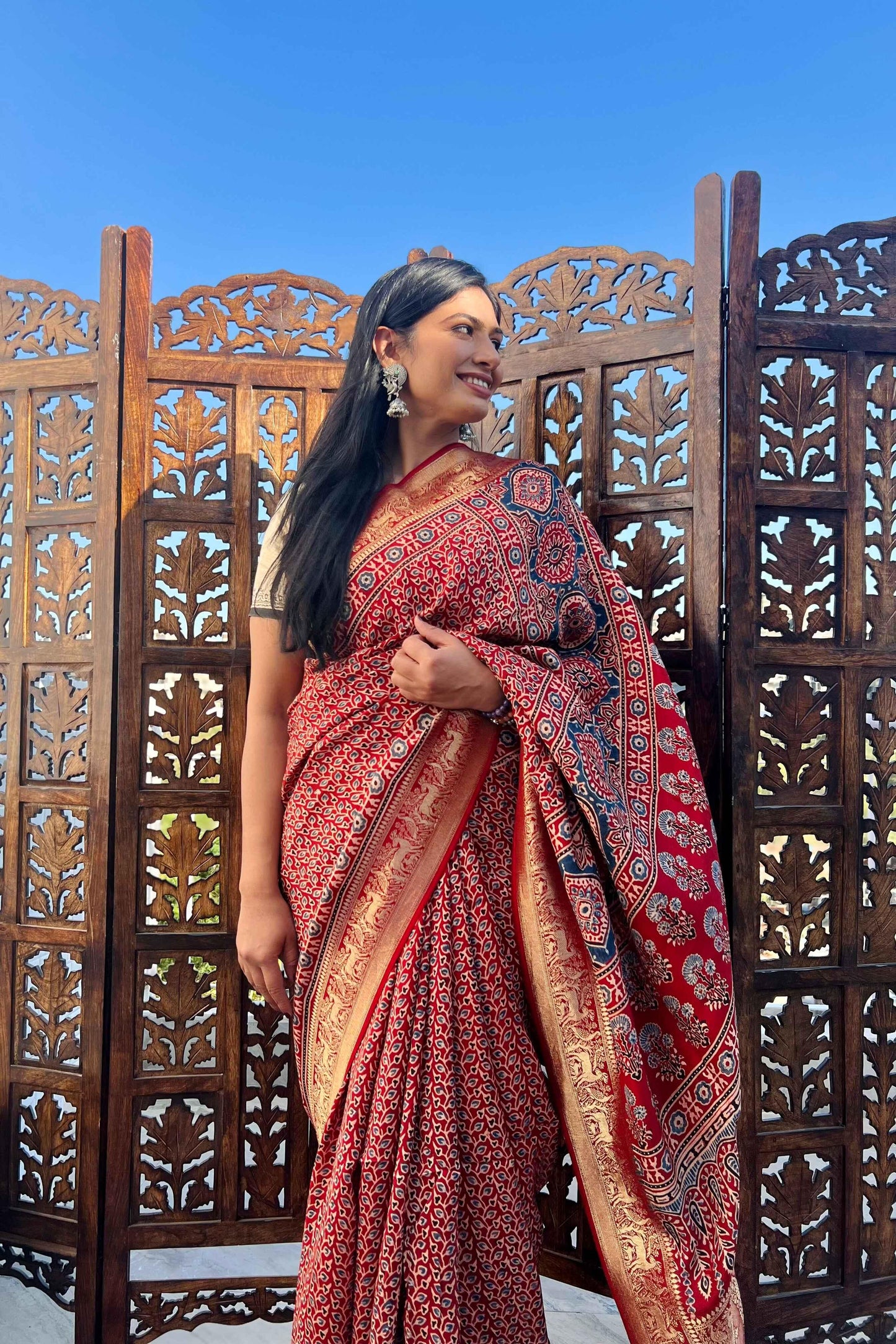 Red - Designer Ajrakh Handblock Premium Dola Silk Saree
