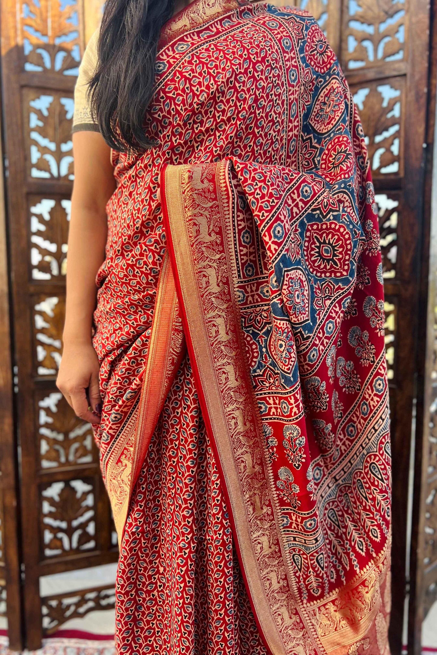 Red - Designer Ajrakh Handblock Premium Dola Silk Saree