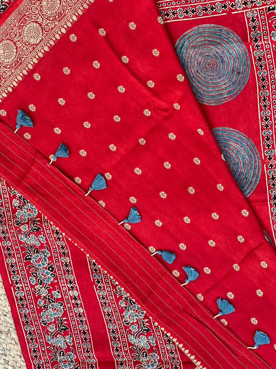Red - Ajrakh Handblock Dola Silk Saree - Vasaka Jaipur