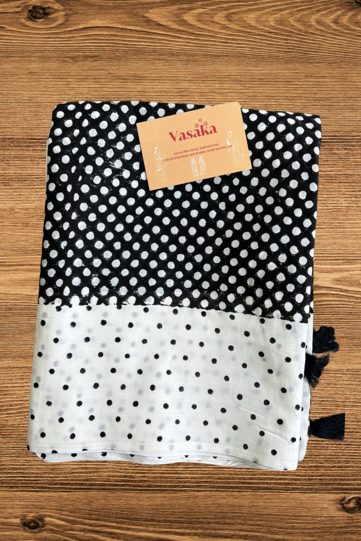 Black - Dots Hand Block Print Cotton Saree