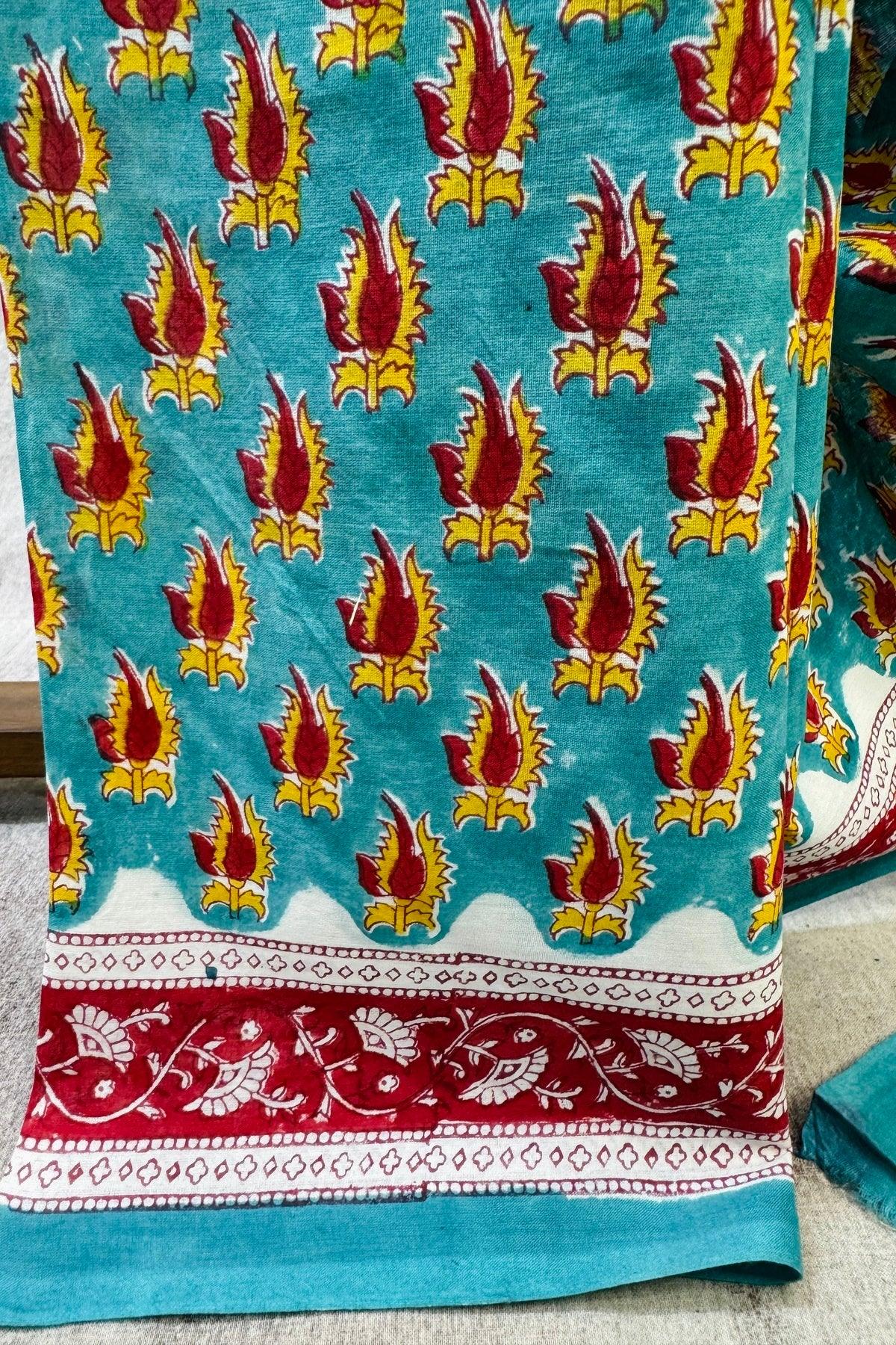 Teal Blue_ Hand Block Printed Cotton Saree - Vasaka Jaipur