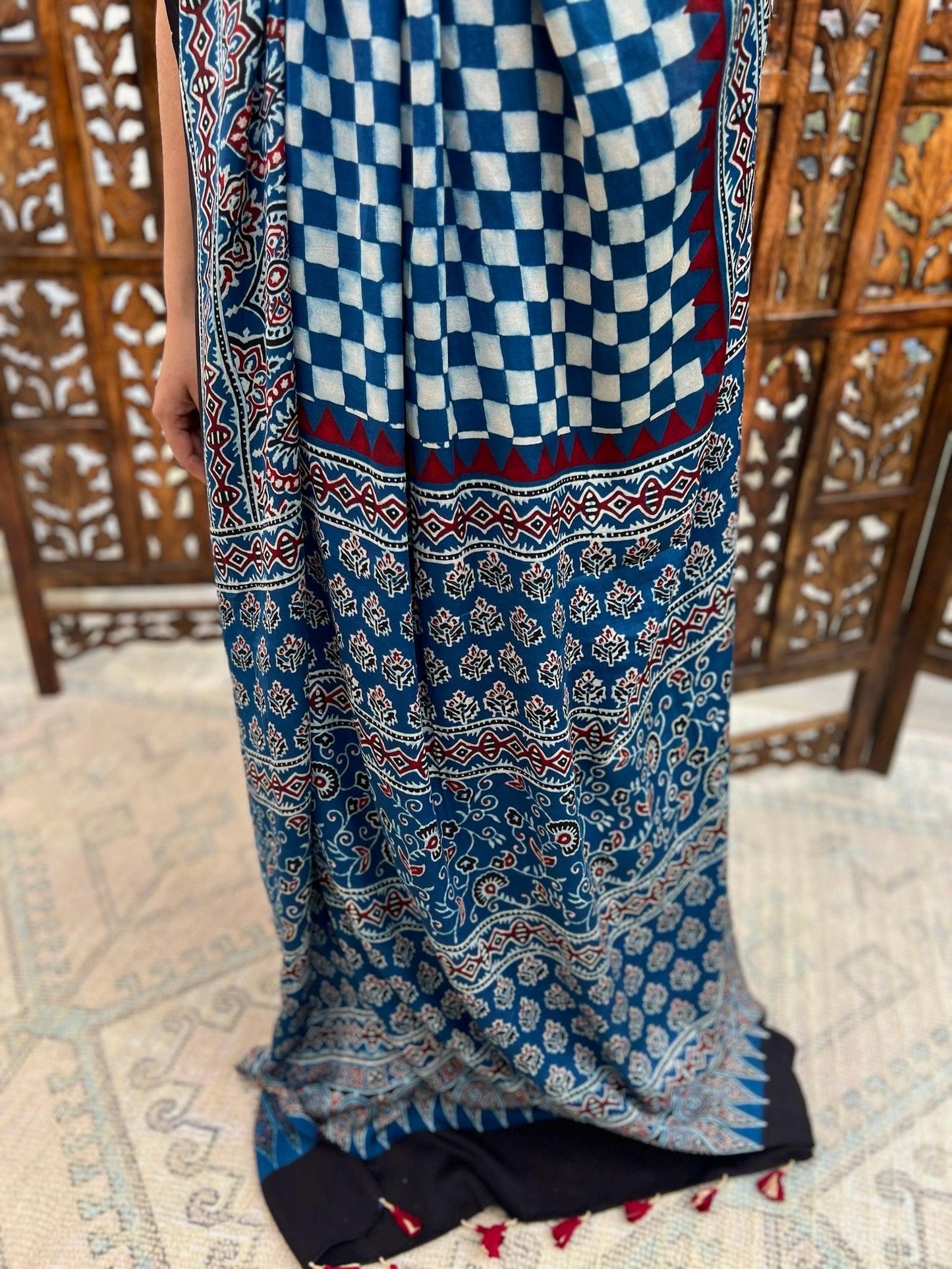NEELIMA : AJRAKH HANDBLOCK MODAL SILK SAREE - Vasaka Jaipur