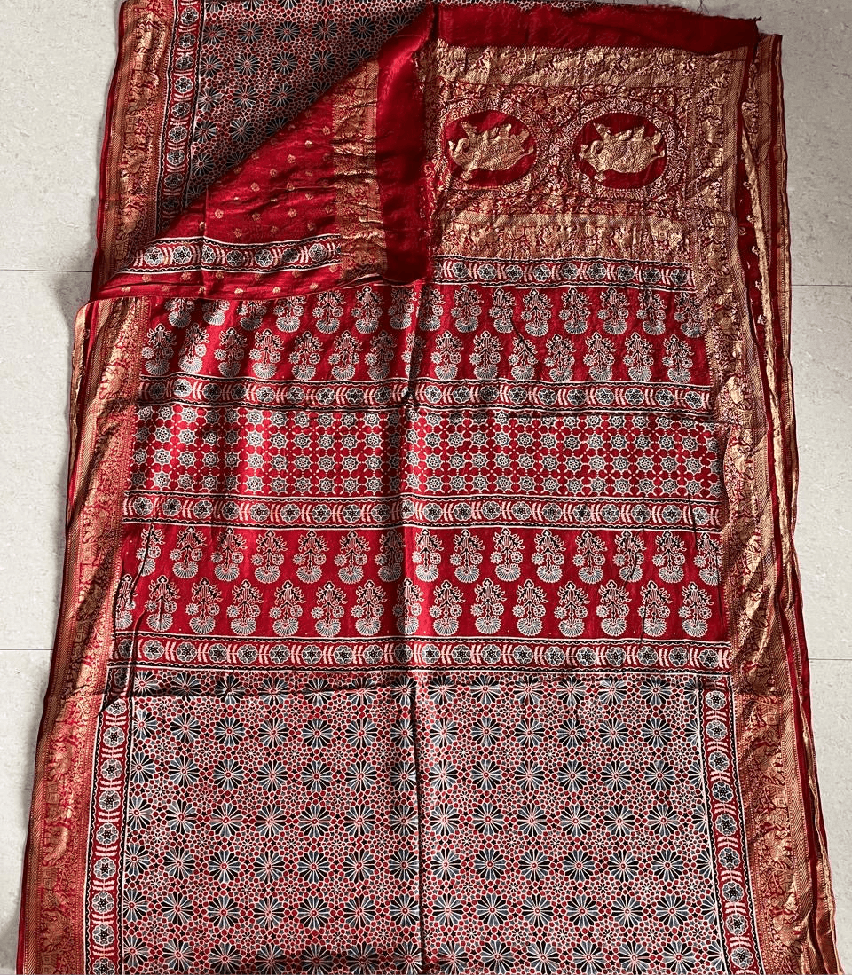 Red - Ajrakh Handblock Dola Silk Saree - Vasaka Jaipur