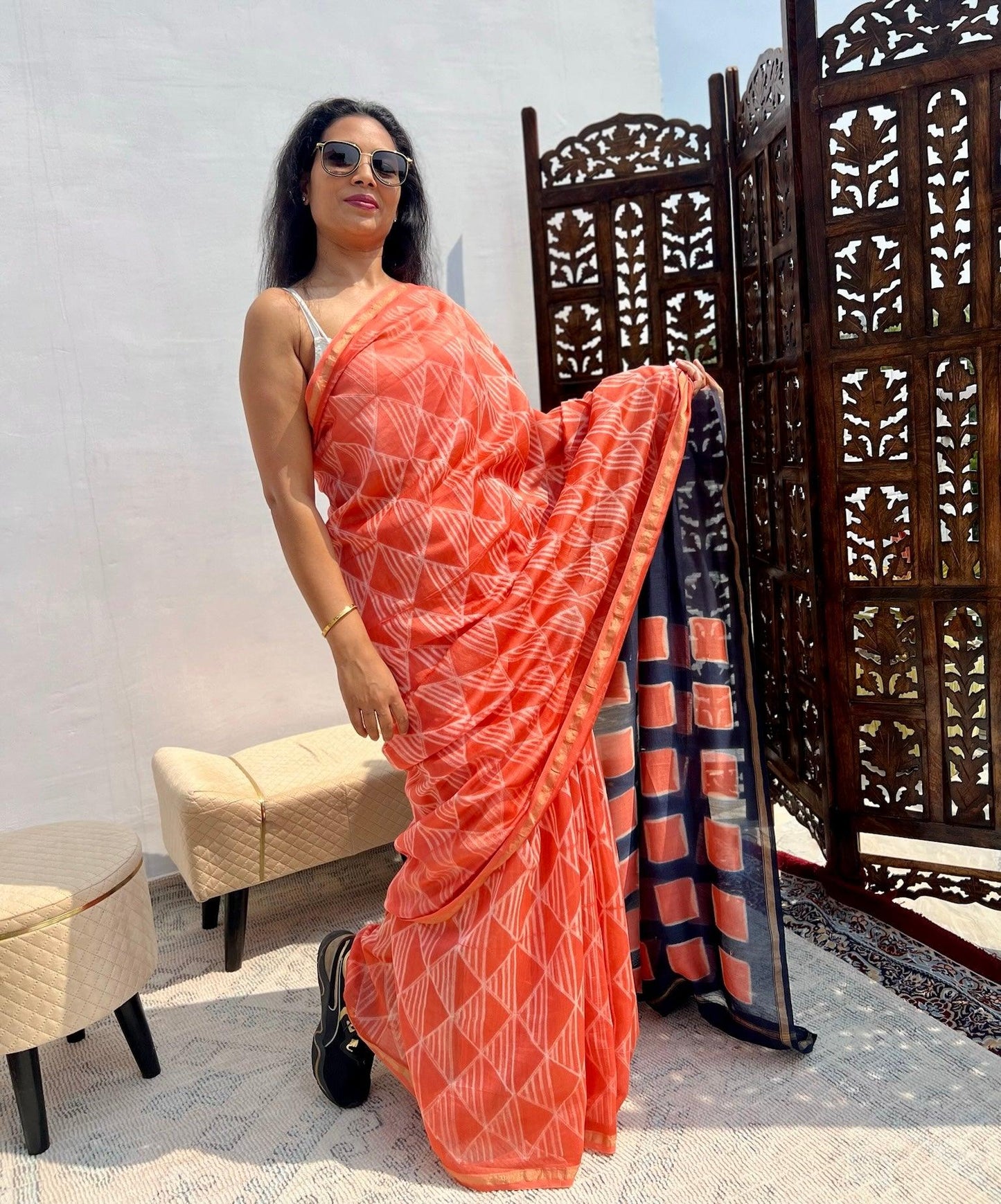 Peach - Nui Shibori Tie-Dye Chanderi Cotsilk Saree with Clamp Tie Dye on Pallu - Vasaka Jaipur