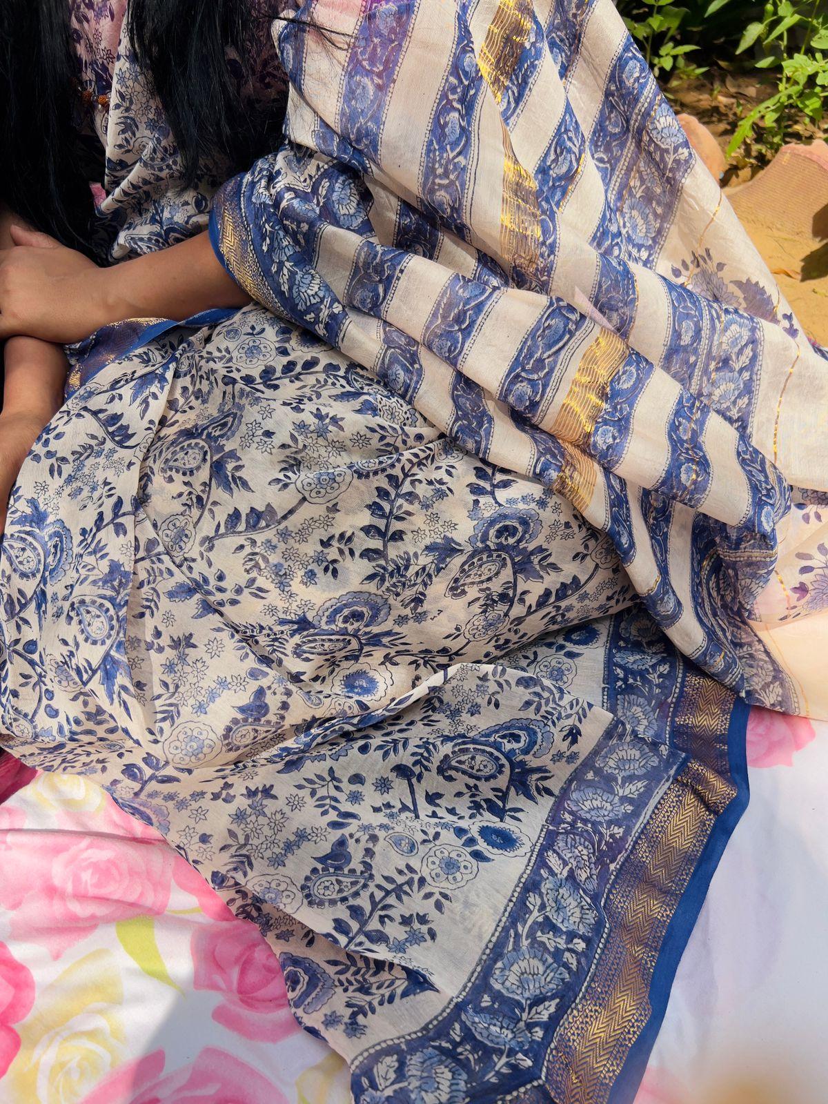 White Ink Blue-Handblock Maheshwari Silk Saree - Vasaka Jaipur