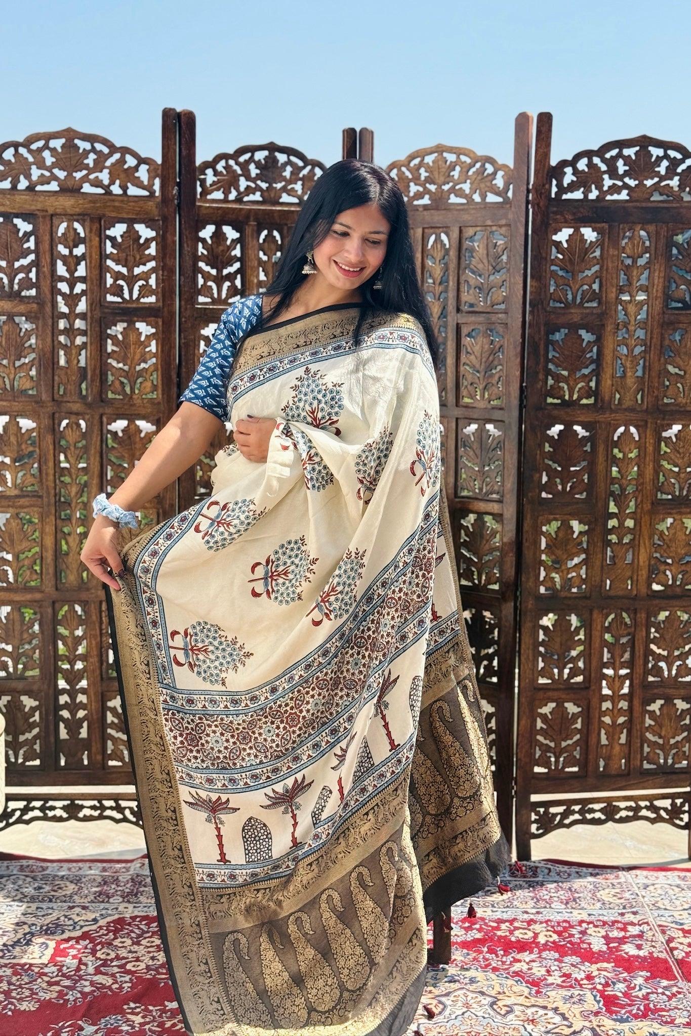 Beige - Designer Ajrakh Handblock Premium Dola Silk Saree