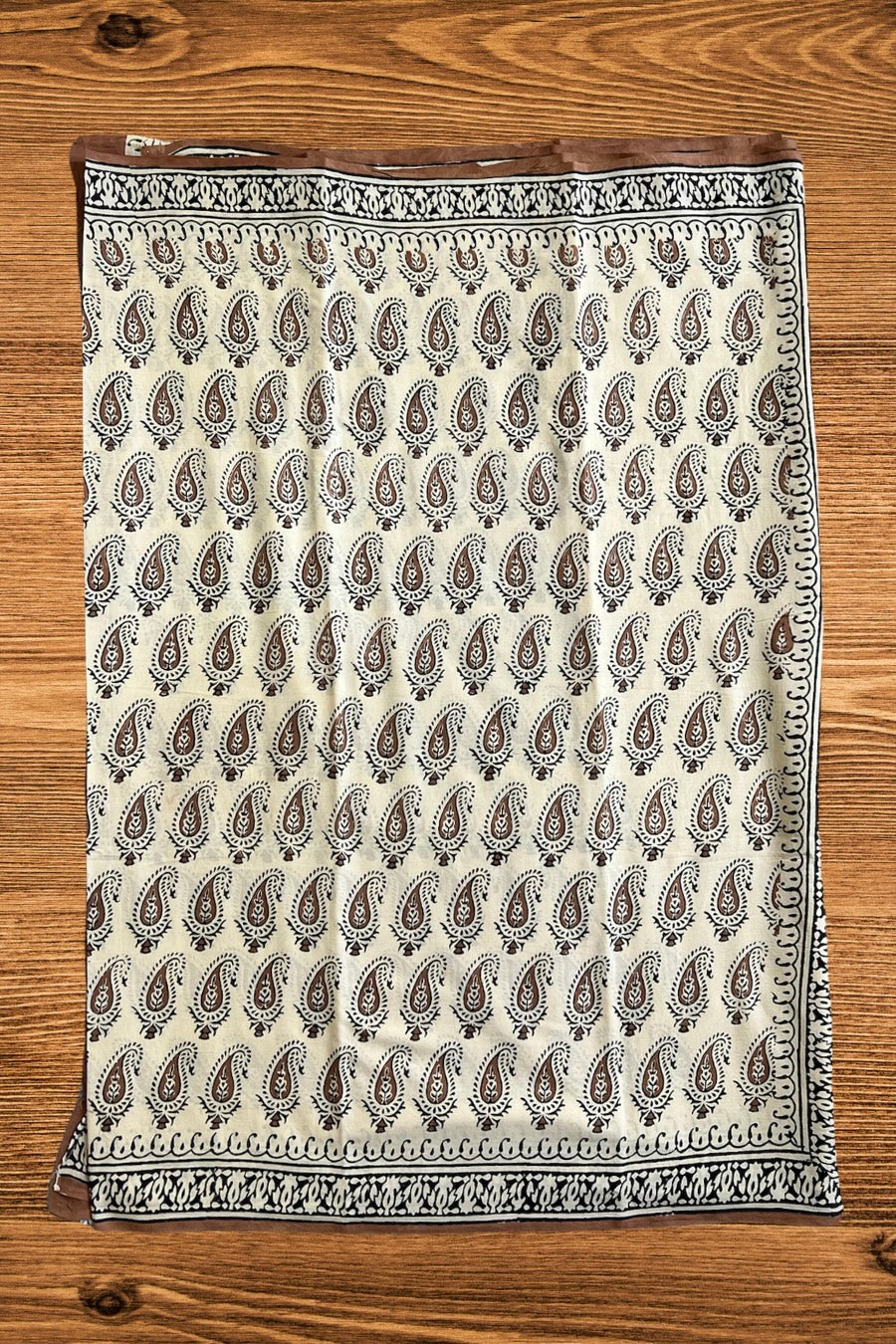 Beige Paisely Hand Block Printed Cotton Saree