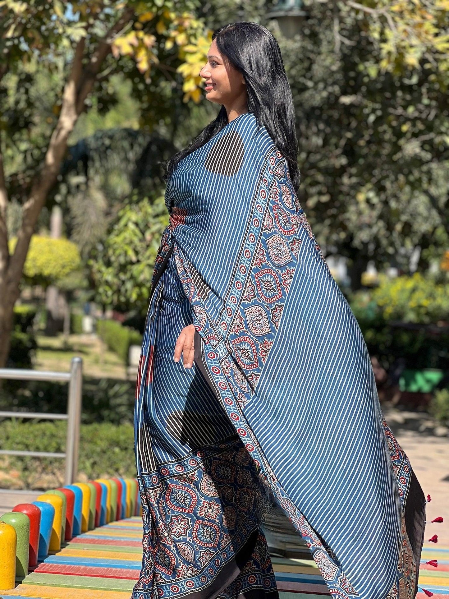 INDIRA : AJRAKH HANDBLOCK MODAL SILK SAREE - Vasaka Jaipur
