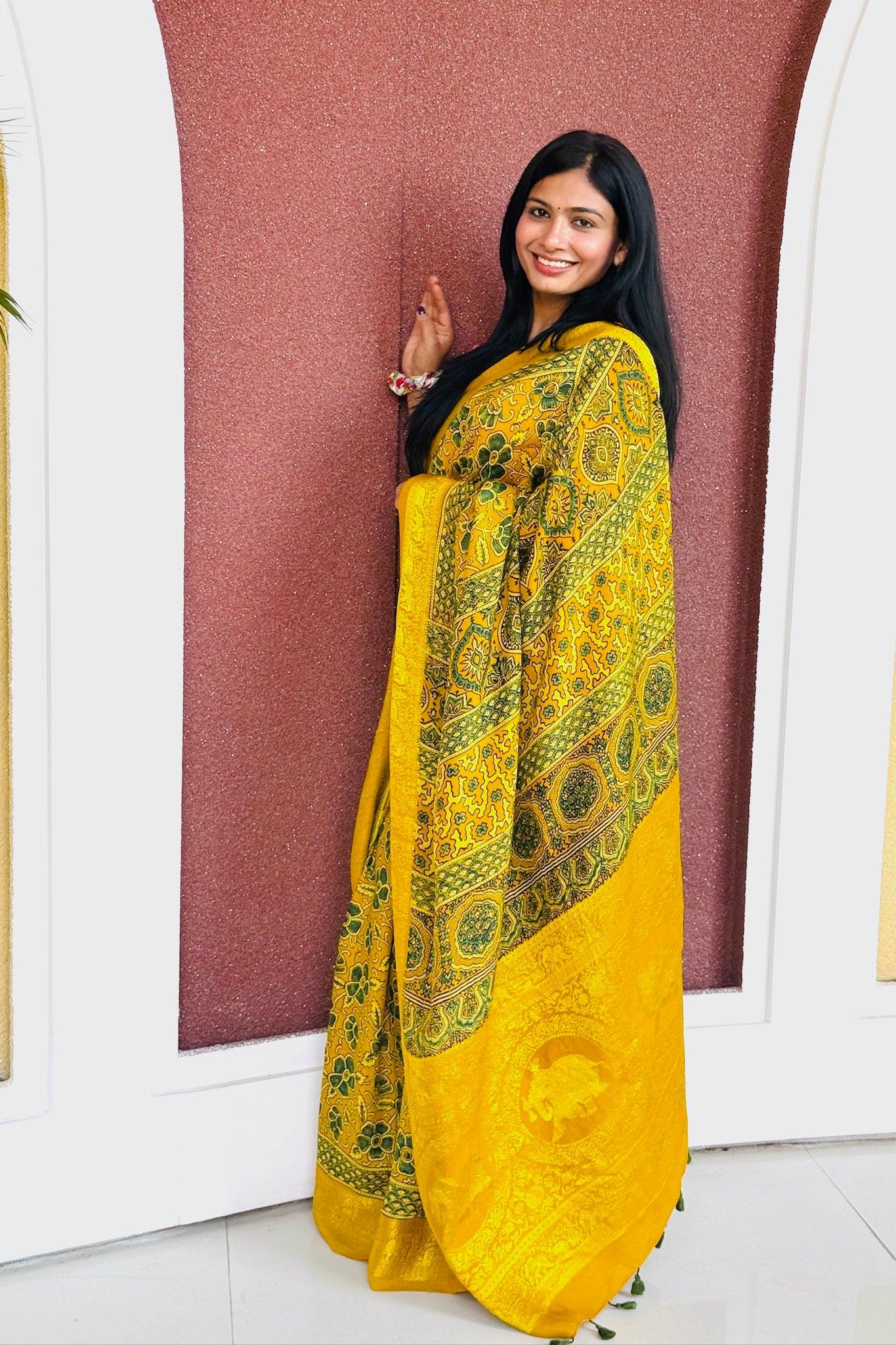 Yellow Gulistan - Designer Ajrakh Handblock Premium Dola Silk Saree