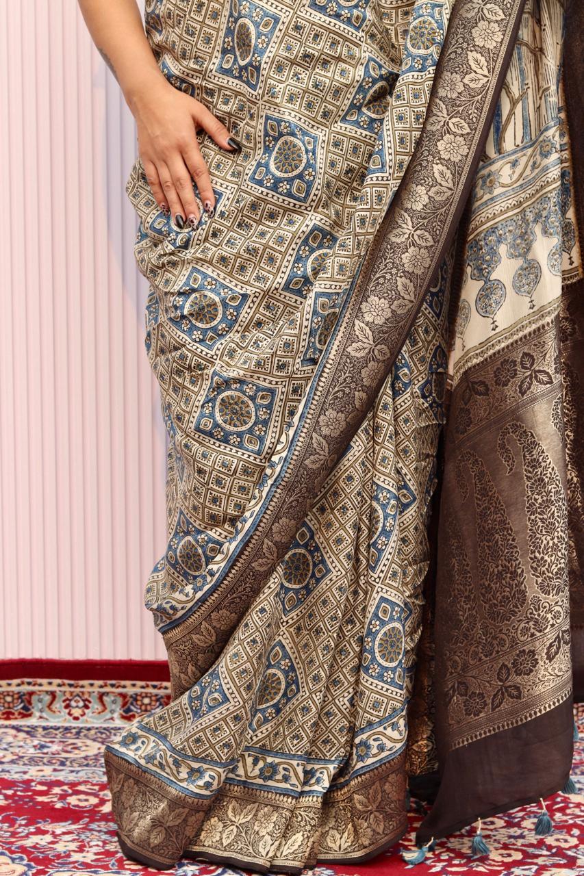 Beige - Designer Ajrakh Handblock Premium Dola Silk Saree - Vasaka Jaipur