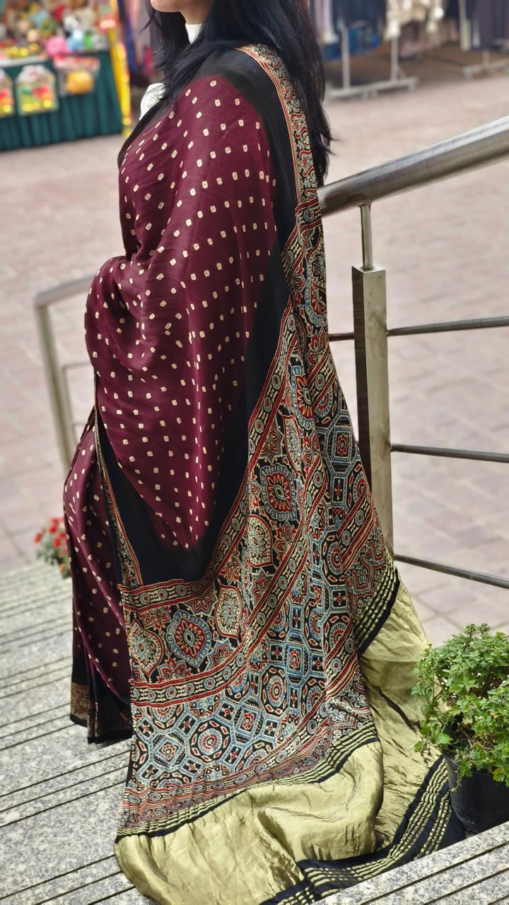 KRITIKA : AJRAKH BANDHEJ TISSUE MODAL SILK SAREE - Vasaka Jaipur
